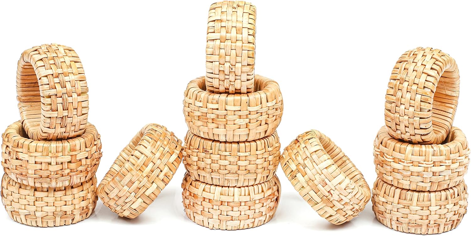 Rattan Napkin Rings Set of 12 - Fancy Elegant Beautiful Decorative Napkin Holder for Dining Table Décor, Easter, Farmhouse, Dinner, Wedding, Family Gathering, Thanksgiving & Everyday Use - Natural