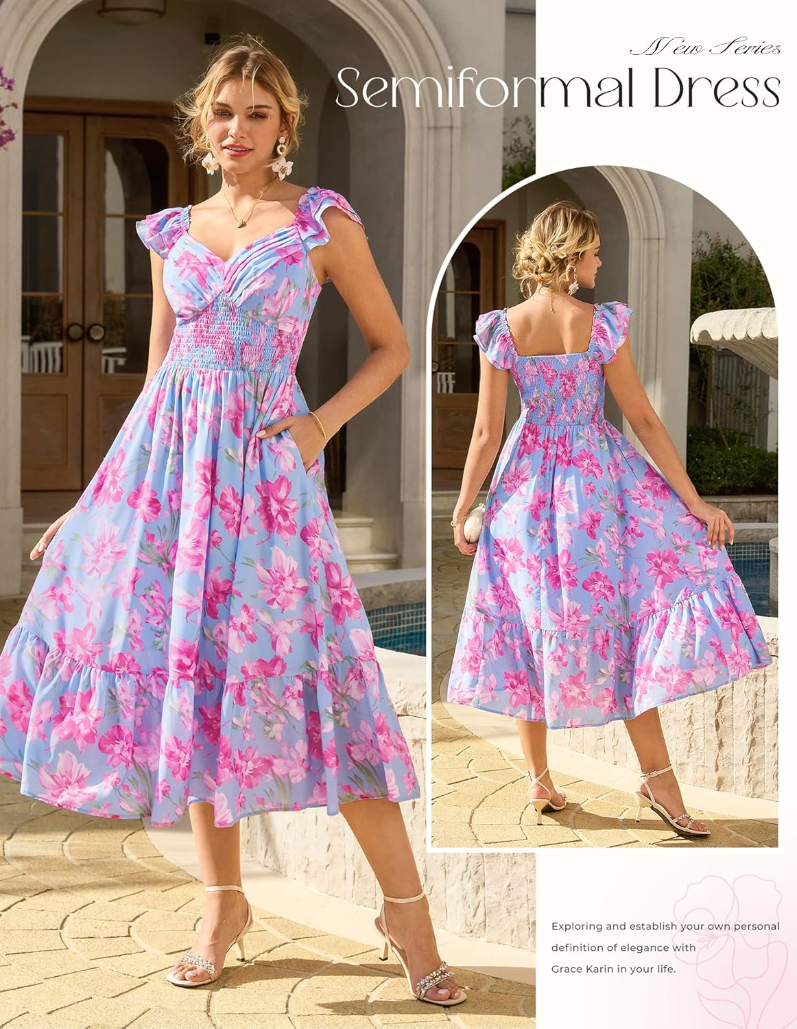 GRACE KARIN Women's Summer Floral Maxi Dress 2026 Ruffle Sleeve Smocked Sundress Flowy Wedding Guest Long Dresses with Pocket - Image 5