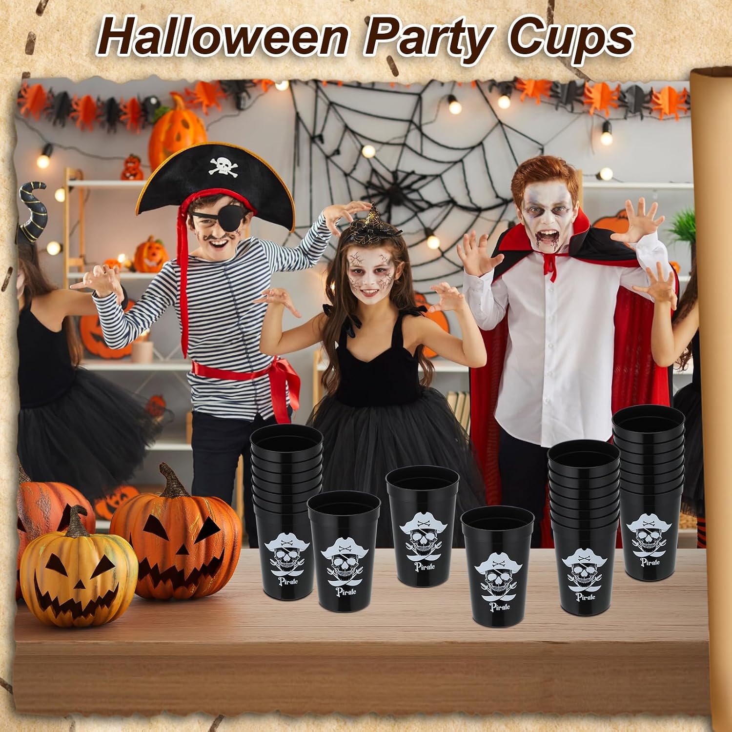 Ziliny 28 Pcs Halloween Pirate Plastic Cups 12oz Reusable Skull Design | Halloween Pirate Party Favors, Skull Cups, Black Drinkware, Decoration Supplies, for Birthday Parties