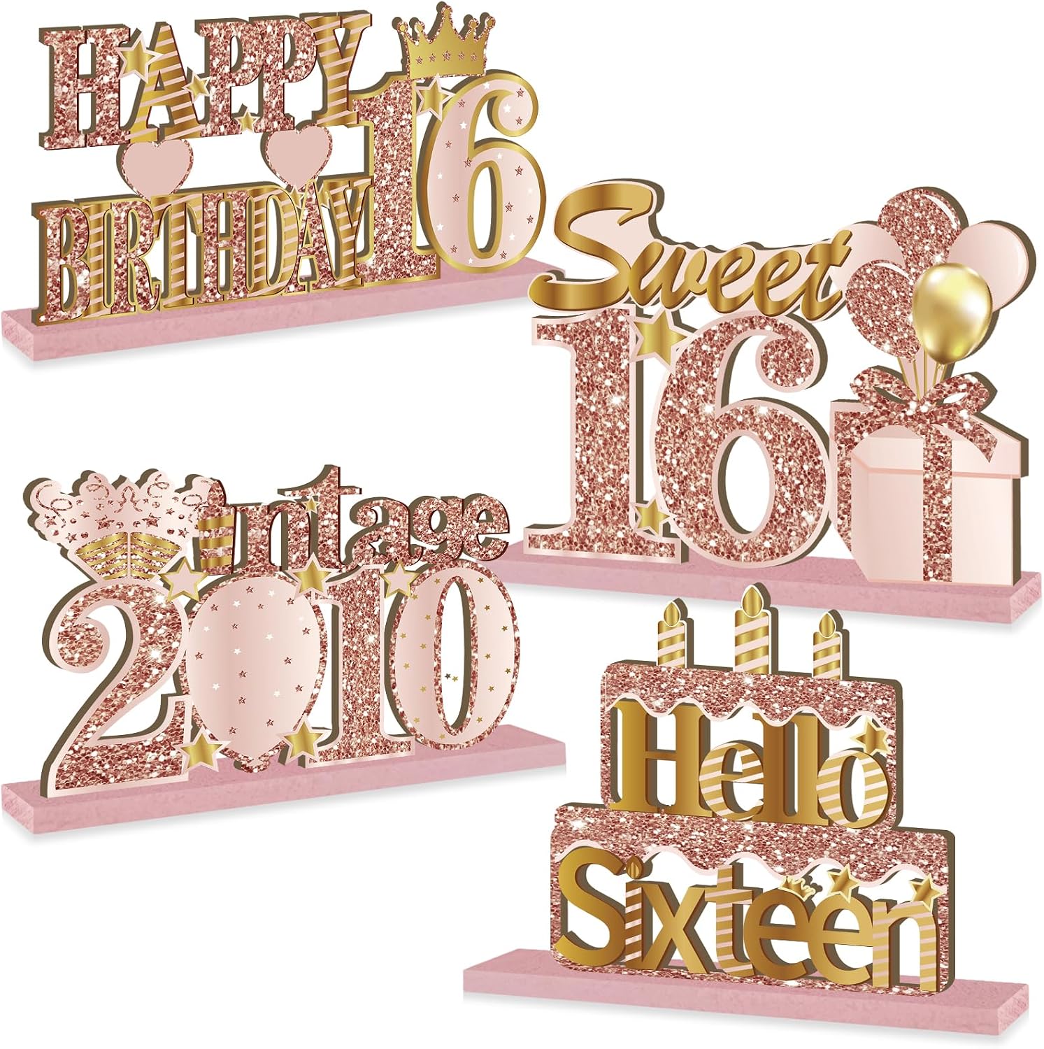4 Pieces 16th Birthday Acrylic Vintage 2010 Table Centerpieces Decoration for Girls, Pink Rose Gold Sweet 16 Birthday Table Sign Party Supplies, Hello 16 Old Bday Table Decor