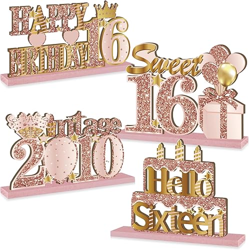 4 Piezas Centros de Mesa de Cumpleaños 16 Vintage de Madera para Niñas, Decoración de Mesa de Cumpleaños 16 Rosa Pálido Oro Dulce, Letrero de