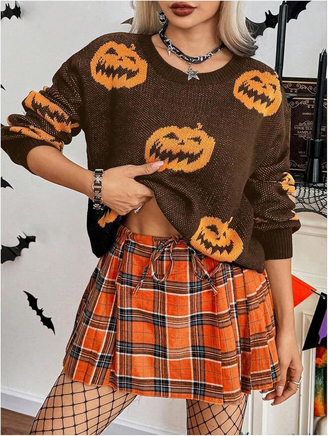 SweatyRocks Women's Pumpkin Print Graphic Sweater Long Sleeve Knitted Fall Outfits Pullover Tops Coffee Brown Large - Image 2