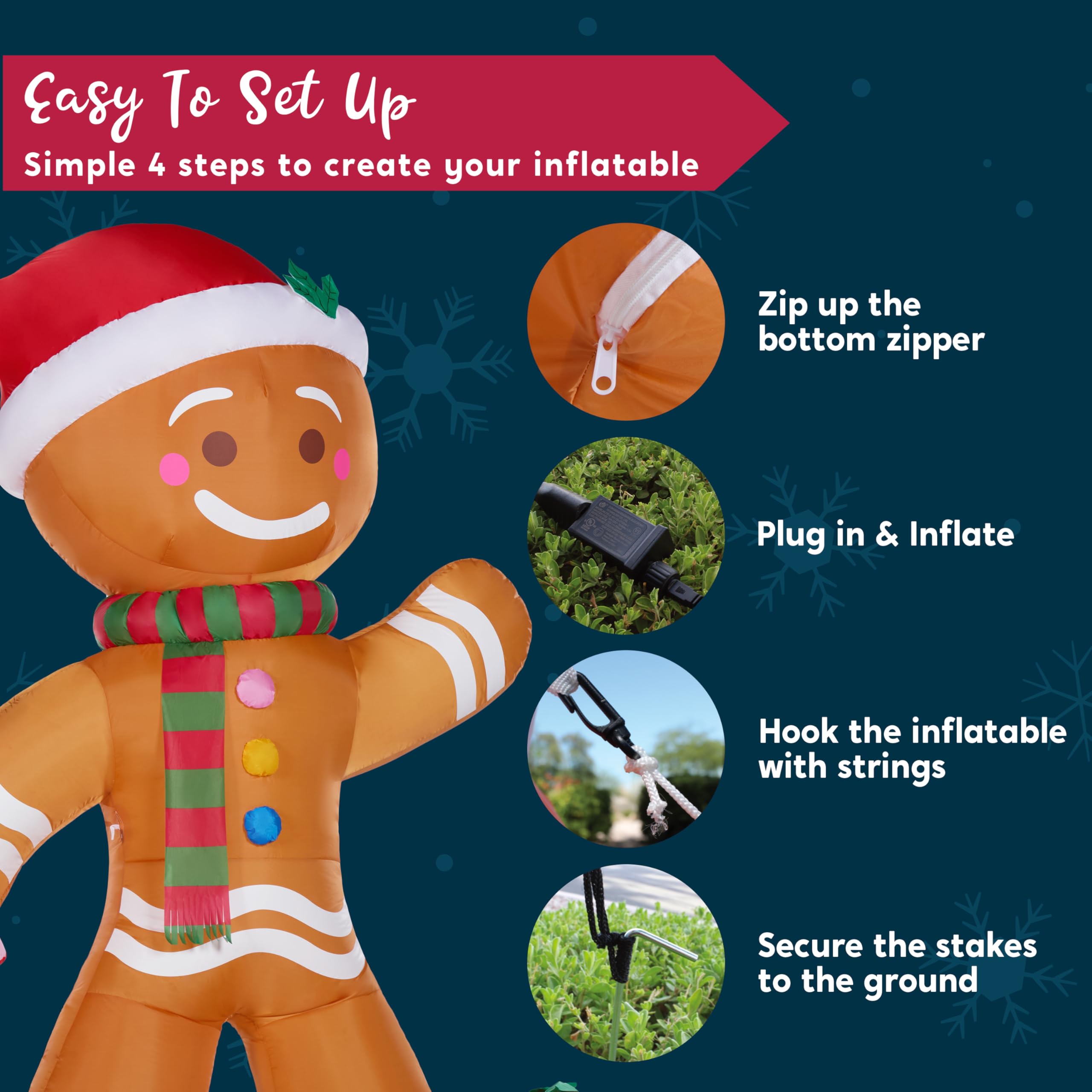 Joiedomi - Uomo di pan di zenzero gonfiabile con motivo natalizio, 2,44 m, decorazione da giardino gonfiabile con LED integrati per Natale, feste e uso esterno