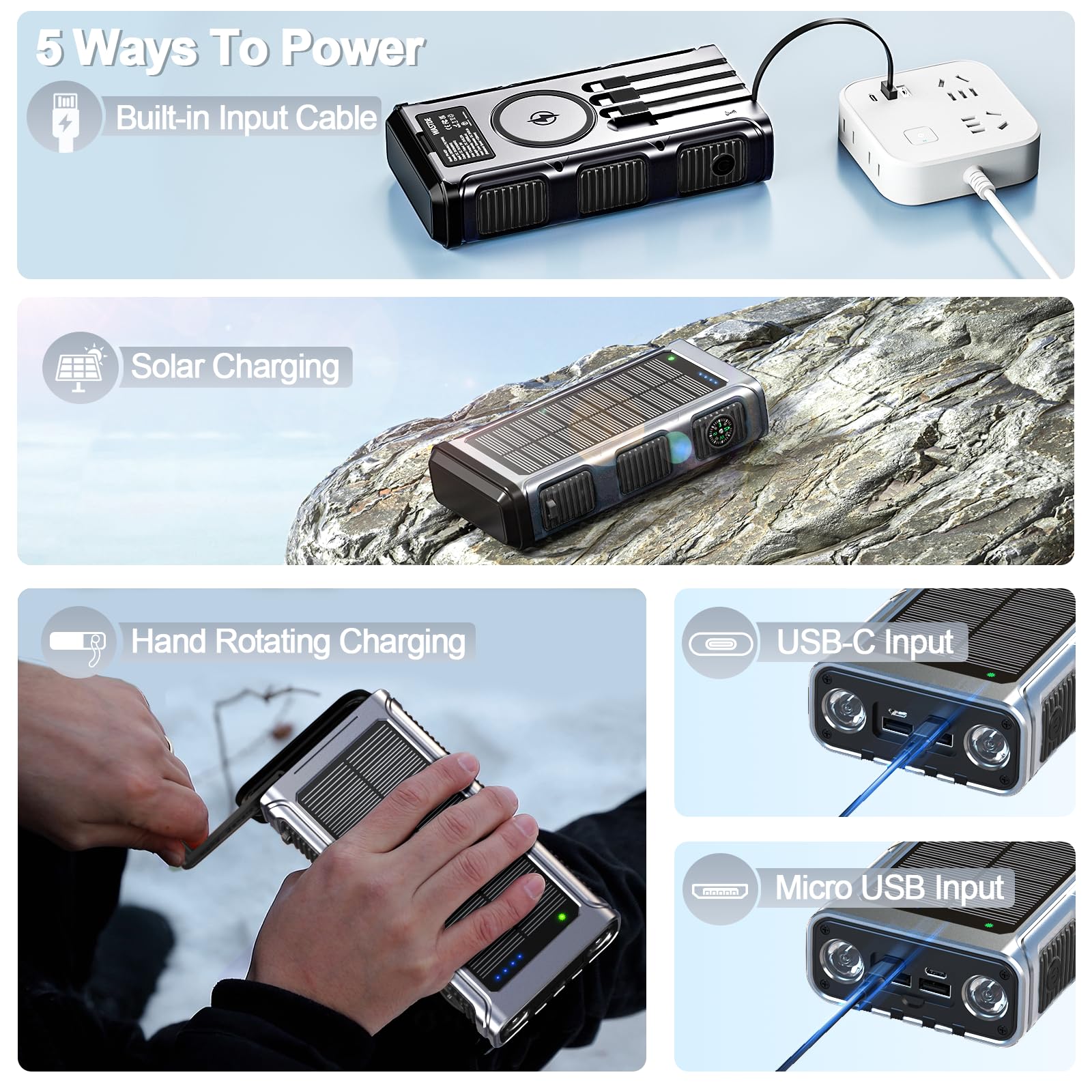 Power Bank Solare 26800mAh, Powerbank Wireless con Carica Solare, Manovella e 4 Cavi, Power Bank USB-C Ricarica Rapida 7 Uscite e 5 Ingressi per Telefono, Batteria Esterna Impermeabile per Campeggio