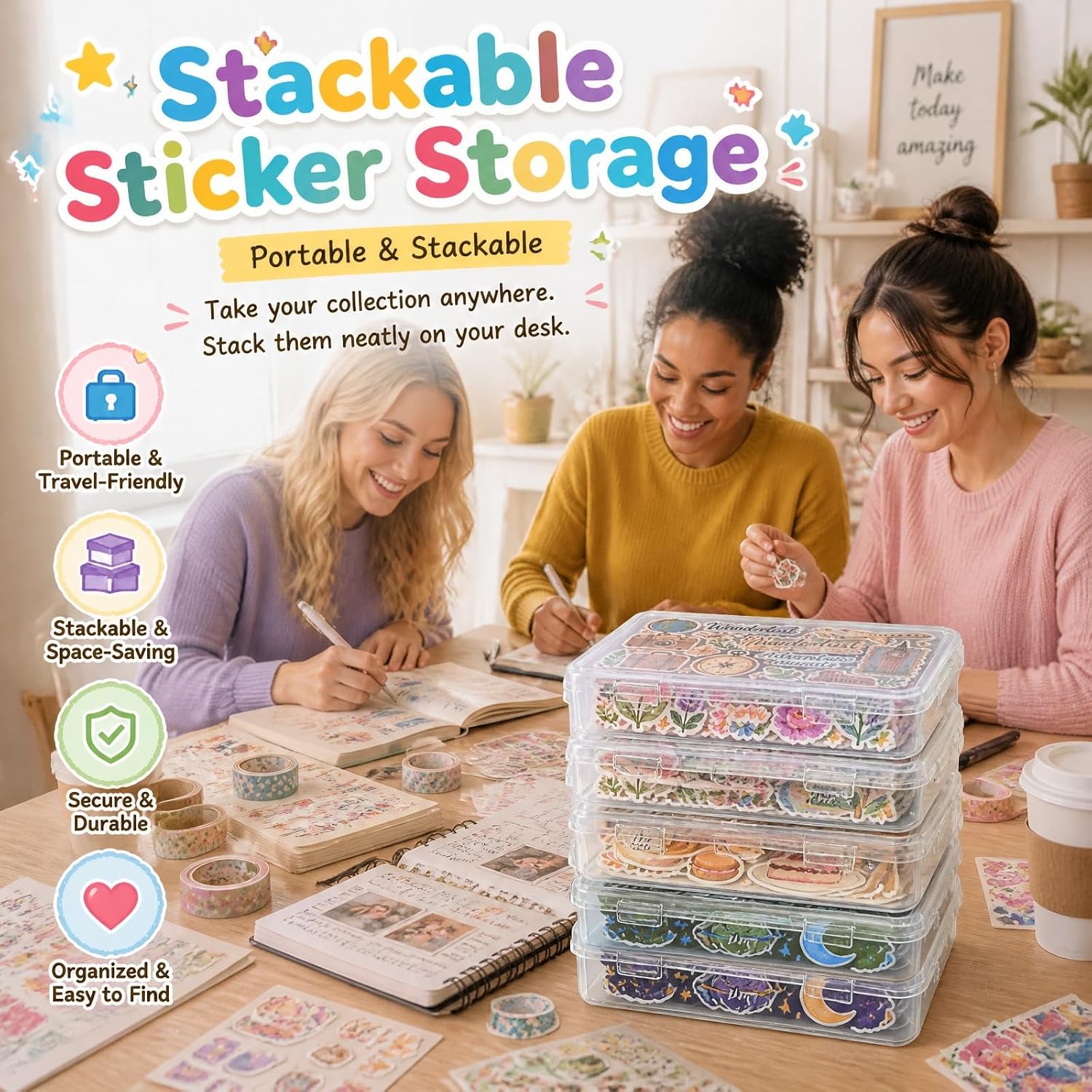 Clear Sticker Organizer Box with Snap Closure, 3 Pack Stackable Sticker Storage for Scrapbook Supplies, Washi Tape, Photocard, Sticker Journal, Transparent Sticker Case(8.7x5.7x1.2 inch)