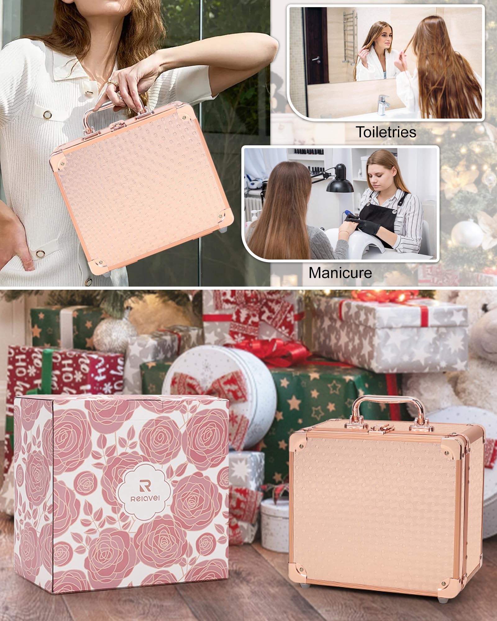Relavel Beauty case con specchio a LED, scatola per trucchi da viaggio con specchio illuminato ricaricabile, organizer per pennelli per truccatori, regali per donne e ragazze, oro rosa