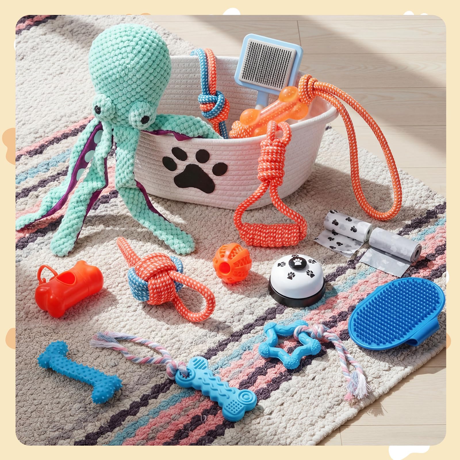 Zopeal 17 Pcs Summer Puppy Gift Set, Dog Toy & Essentials Bundle with Chew Toys, Poop Bag Dispenser, Grooming Brush, Training Bell, Blanket & Rope Basket(Octopus)