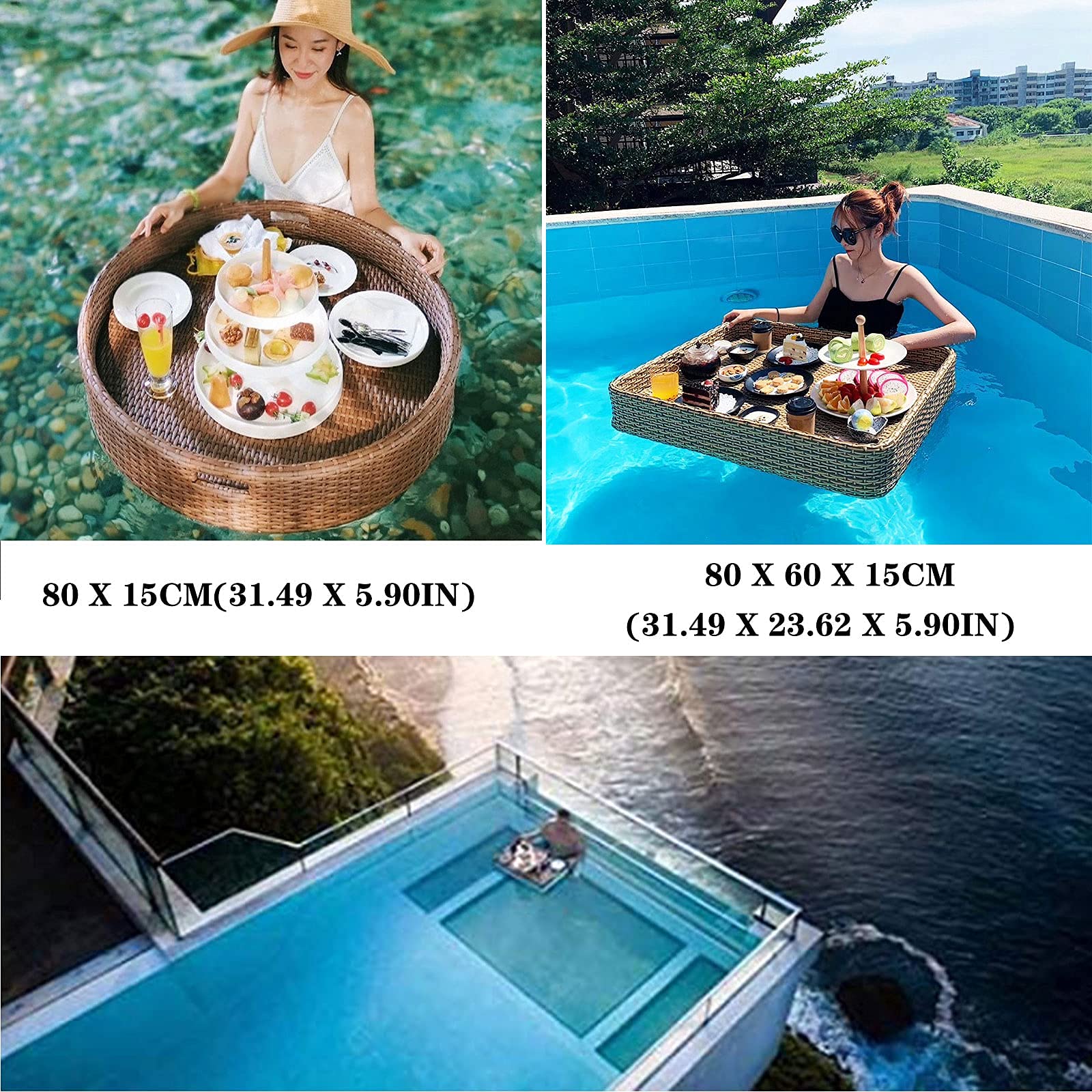 Plateau de Service tissé en rotin Plateau Alimentaire avec poignées Plateau Flottant Plateau de Service Flottant de Luxe Table Bar Piscine Plateau Flottant pour Piscine Servant des Boissons