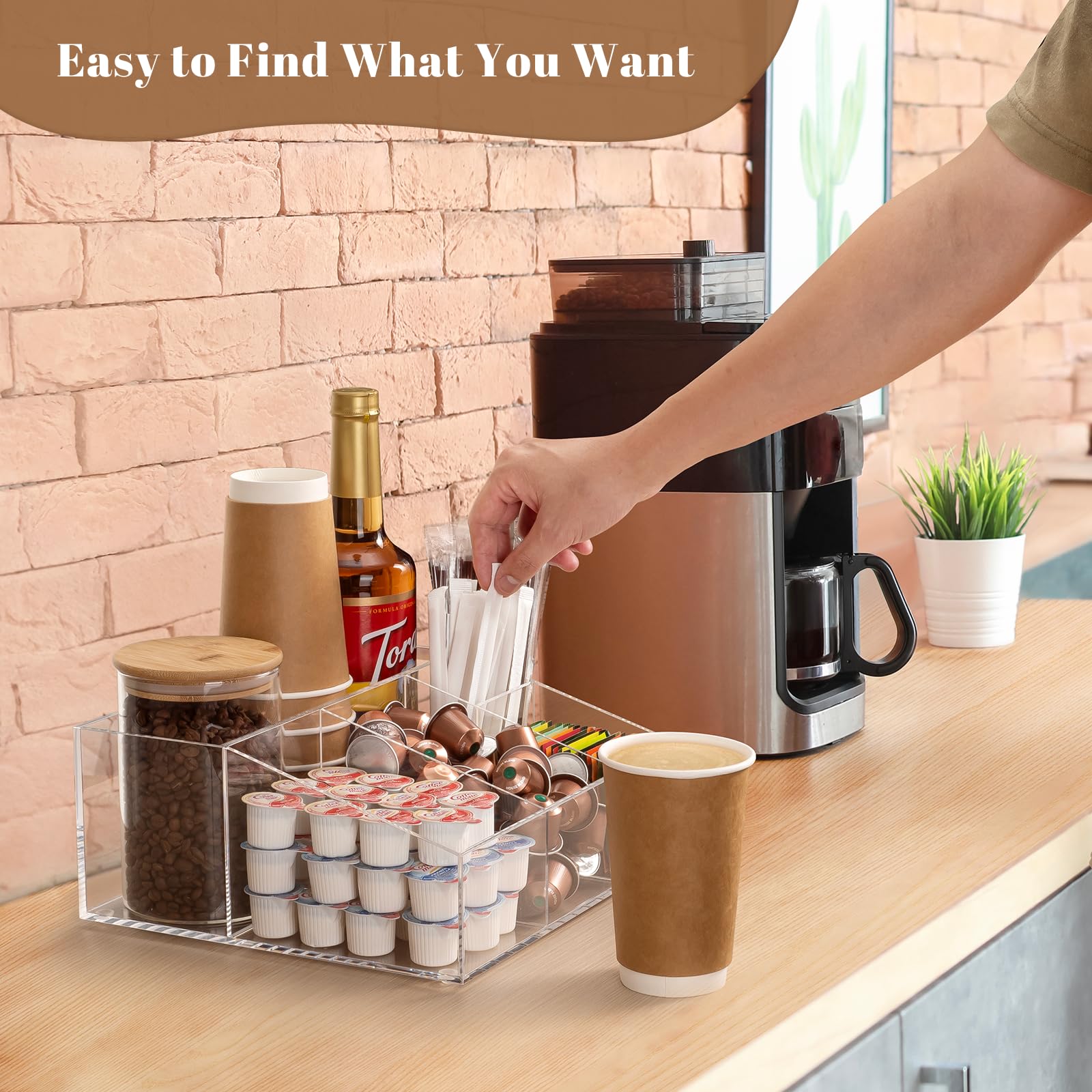 BEYGORM Acrylic Coffee Bar Station Organizer for Countertop,Office Breakroom Clear Snack Tea Storage Accessories Holder for Kcup Pod Condiment Cup Lid Sugar Creamer Stirrer Syrup