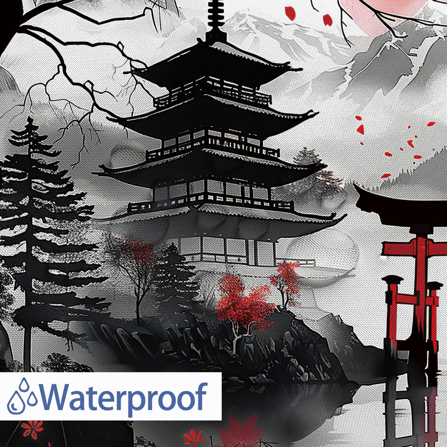 Japanese Anime Shower Curtain, Cool Watercolor Japan Cherry Blossom Floral Mountain Sun Asian Oriental Abstract Art Shower Curtain Red and Black Fabric Bathroom Decorative with 12 Hooks, 72"×72"