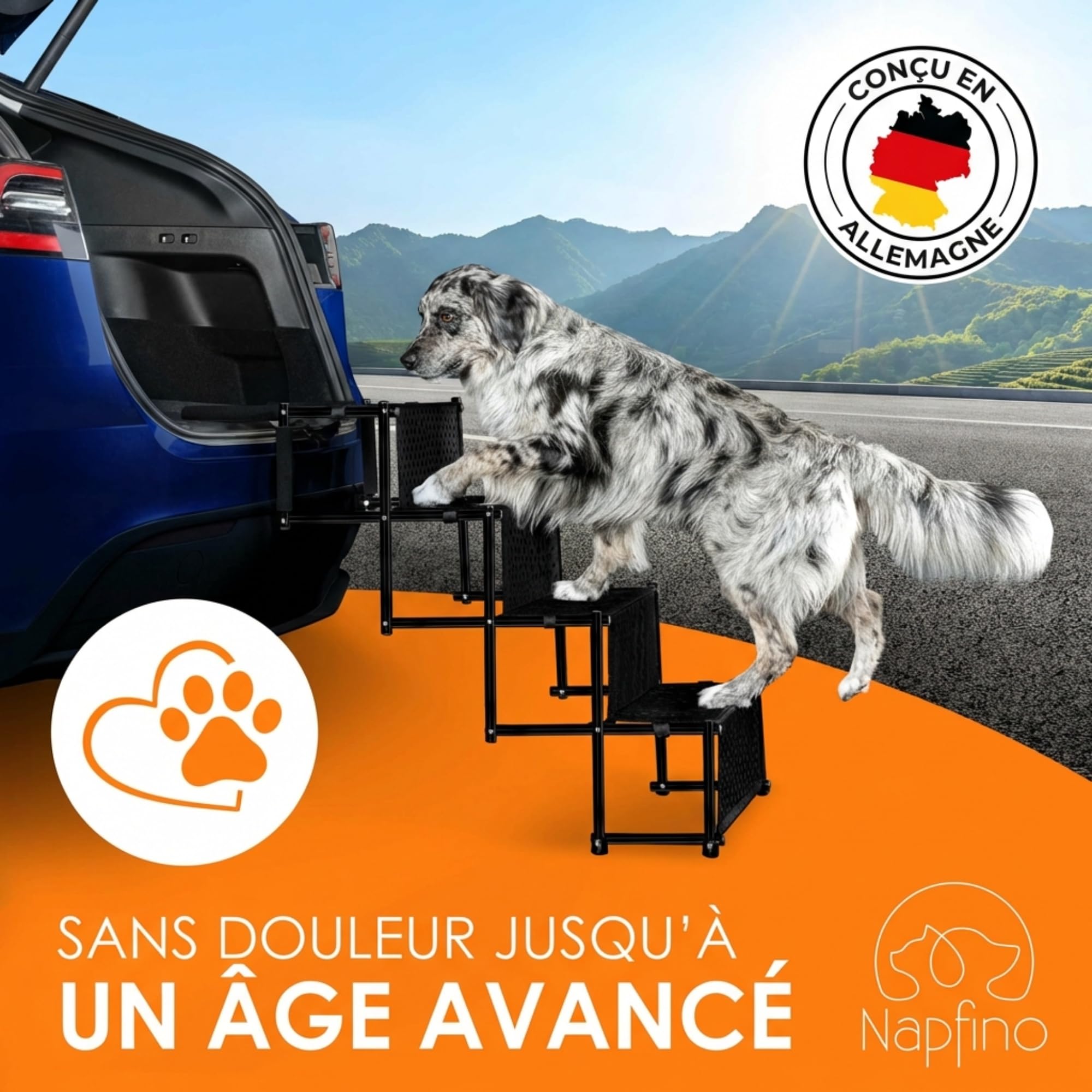 Escalier pour chien jusqu'à 60 kg – Rampe pliable pour chien – Rampe de voiture pour petits et grands chiens – Aide à l'entrée de la voiture – Rampe pour chien adaptée à toutes les voitures –