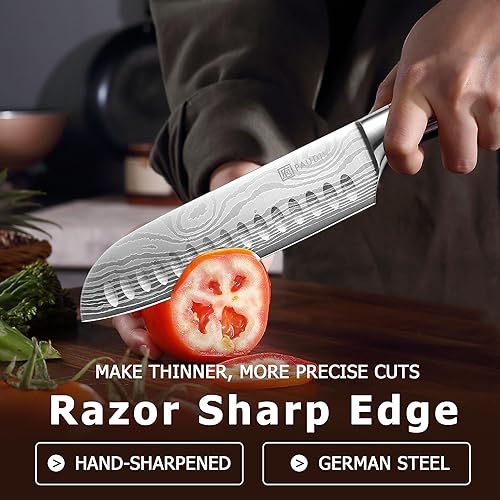 Vista 3 de PAUDIN Cuchillo Santoku, Cuchillo de Cocina de 7 Pulgadas, Filo Ultra Afilado - Acero Inoxidable Alemán Forjado de Alto Carbono, Cuchillo de Chef