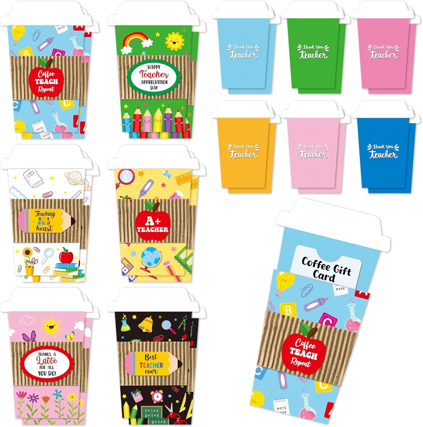 ANGOLIO 12Pack Coffee Gift Card Holders Teacher Appreciation Gift Colorful Thank You Best Teacher Graduation Season Gifts Money Holder Greeting Cards for Coworker School Colleague Office