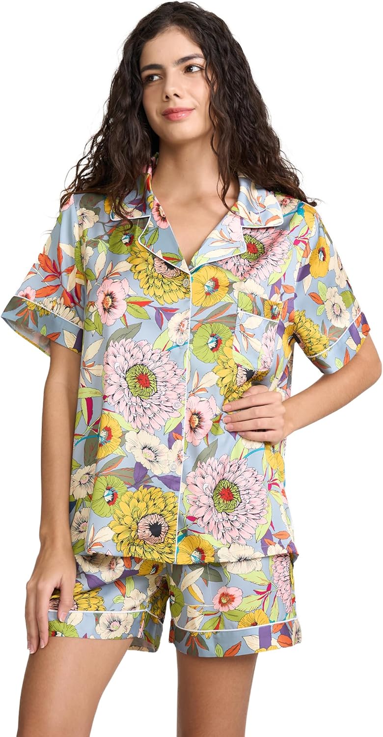 Womens Silk Satin Shorts Pajamas Set Button Down 2 Piece Pjs Short Sleeve Oversized Sleepwear with Pockets - Image 2