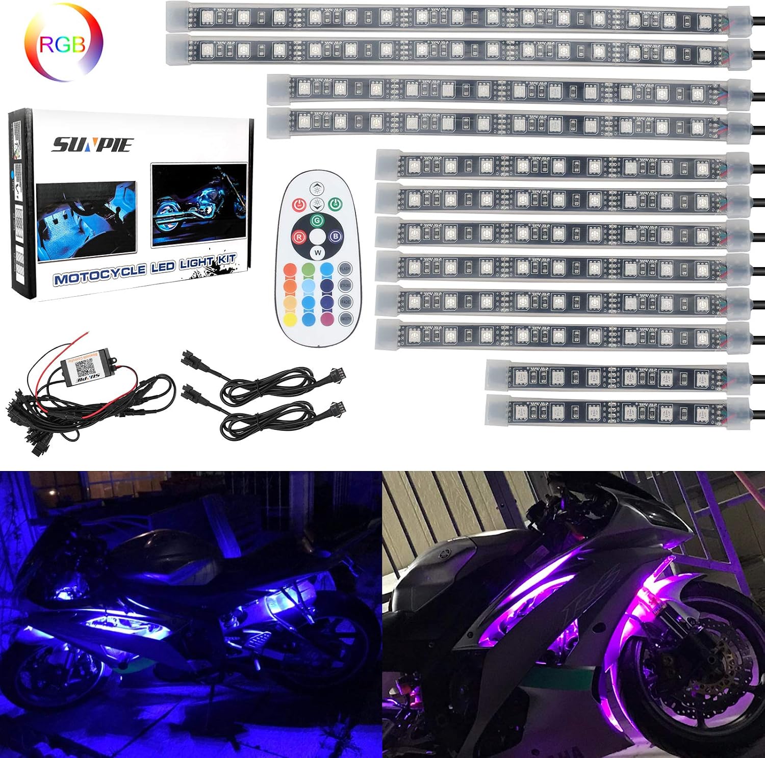SUNPIE 12Pcs Bluetooth Motorcycle LED Light Kit Strips Multi-Color Accent Glow Neon Ground Effect Atmosphere Lights Lamp with Wireless Remote Controller for Motorcycles
