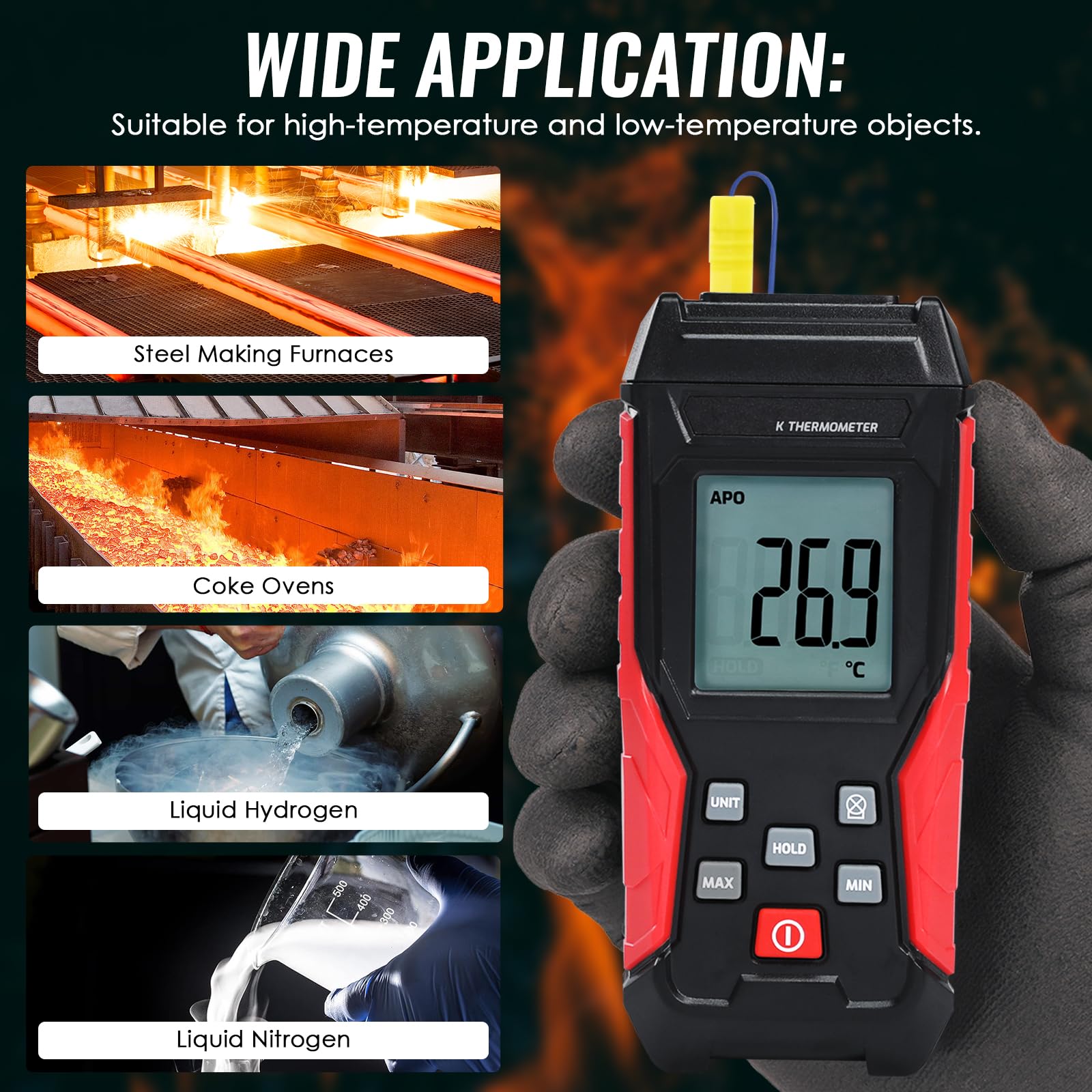 Termometro digitale tipo K 2 sonde termocoppia 2 pinze temperatura industriale monocanale -328°F a 2500°F display LCD retroilluminato Max/Min mantenimento dati