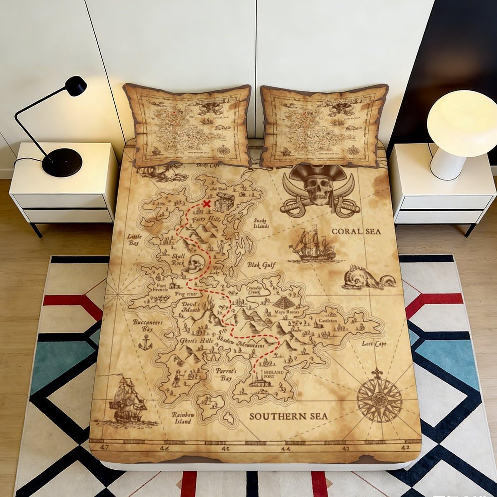 3D Printed Pirate Treasure Map Fitted Sheet Microfiber Soft Anti-Slip Bed Cover for Bedroom Dorm Mattress Decor 115 120x200x25cm