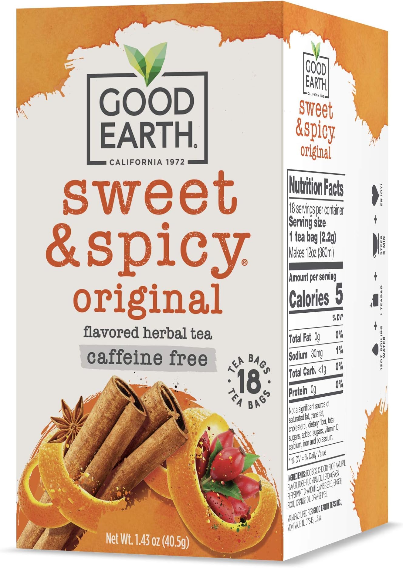 Good Earth Herbal Tea, Sweet & Spicy, Caffeine Free, Packaging May Vary, 18 Count, Pack of 6