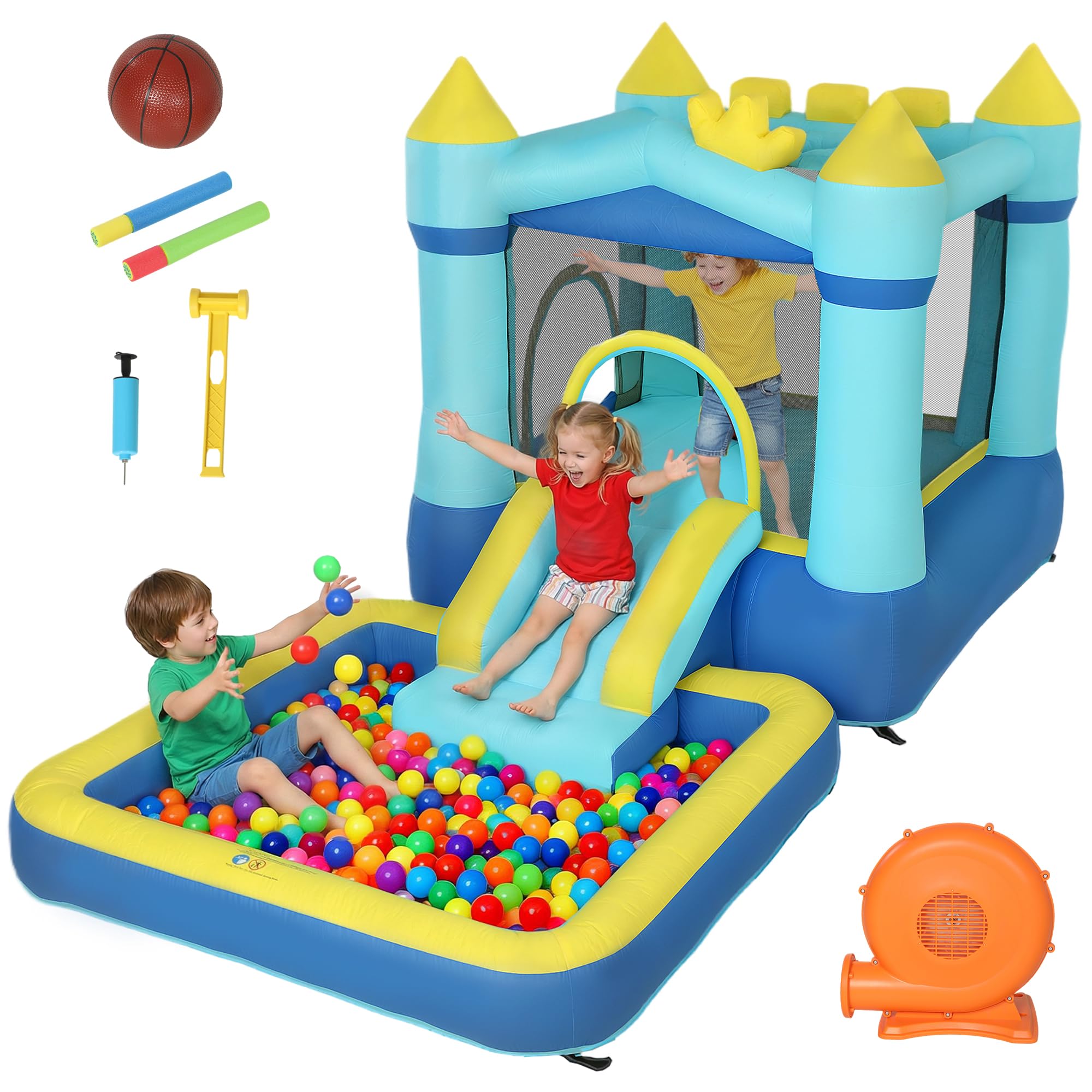 AIYAPLAY Castillo Hinchable para Niños con Soplador, 364x173x182 cm, Azul | Castillo Hinchable con Tobogán, Cama Elástica, Piscina y Aro de Baloncesto, para Niños 3-8 Años, Interior y Exterior