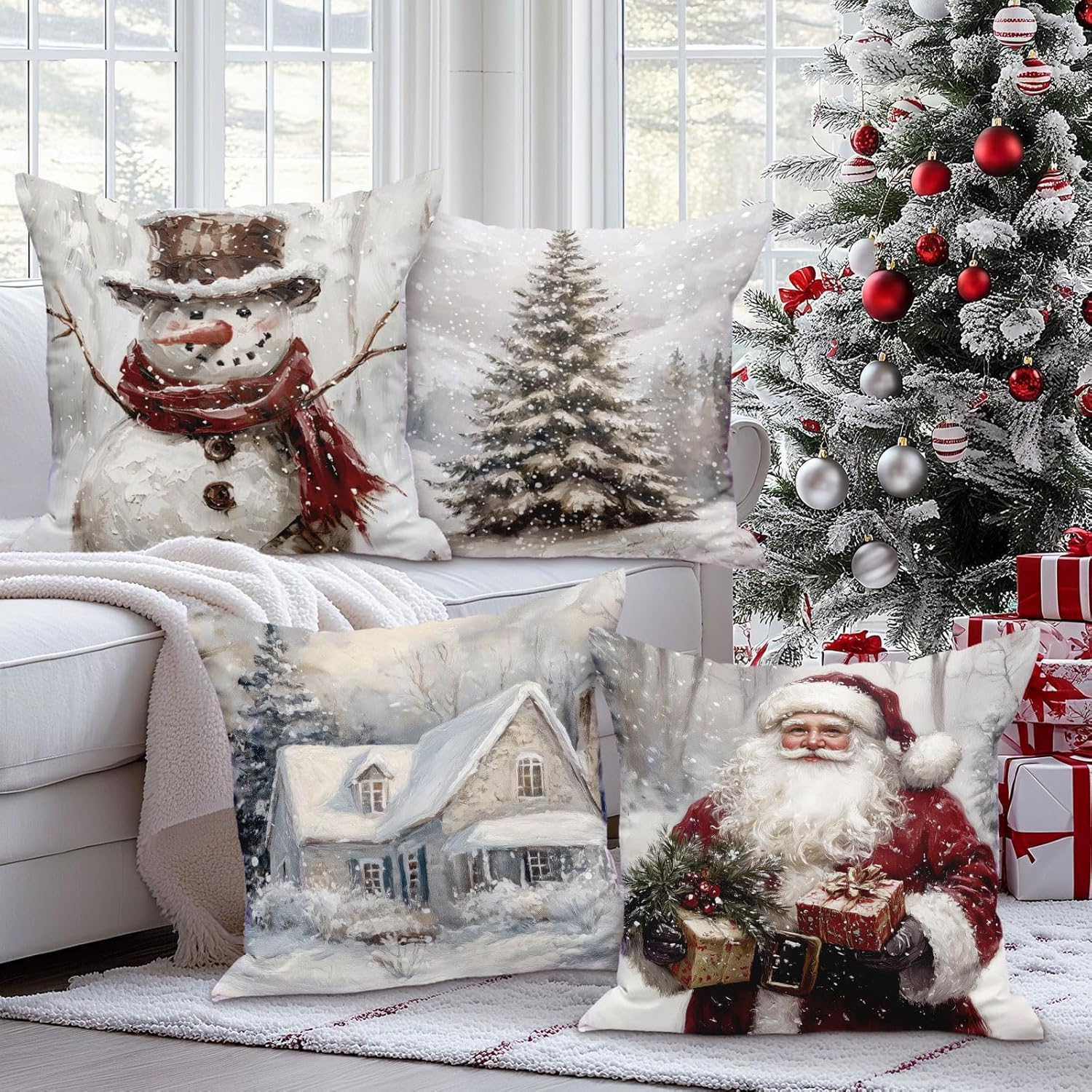 Lanpn 18x18 Christmas Throw Pillow Covers Set of 4, Christmas Pillow Covers Xmas Tree Snowman Claus Pillowcase Decorative Holiday Pillow Cases Xmas Cushion Covers for Indoor Xmas Decor - Image 3