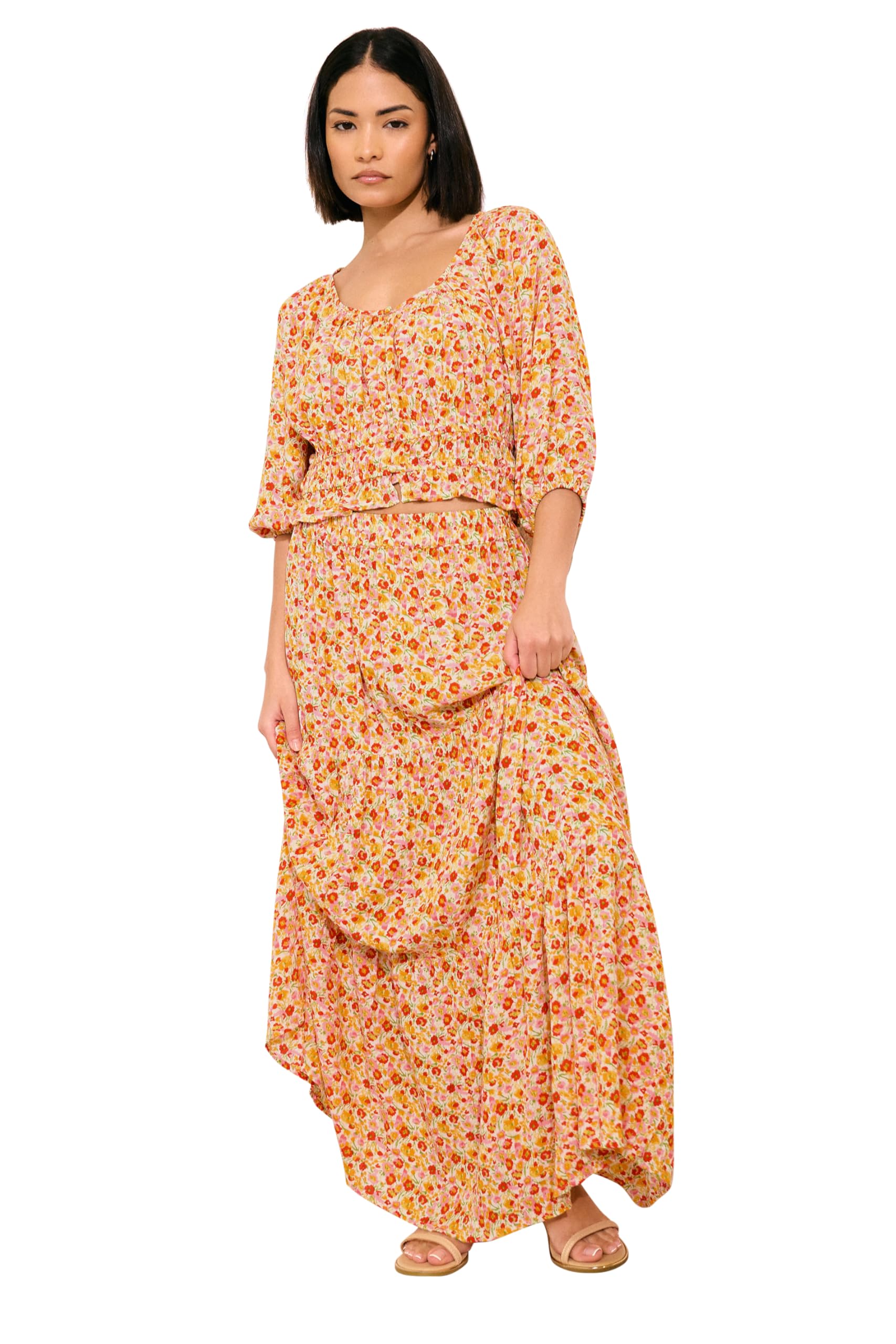 Pixiegirl Women's Orange Petite Ditsy Floral Maxi Skirt In | Size: 8