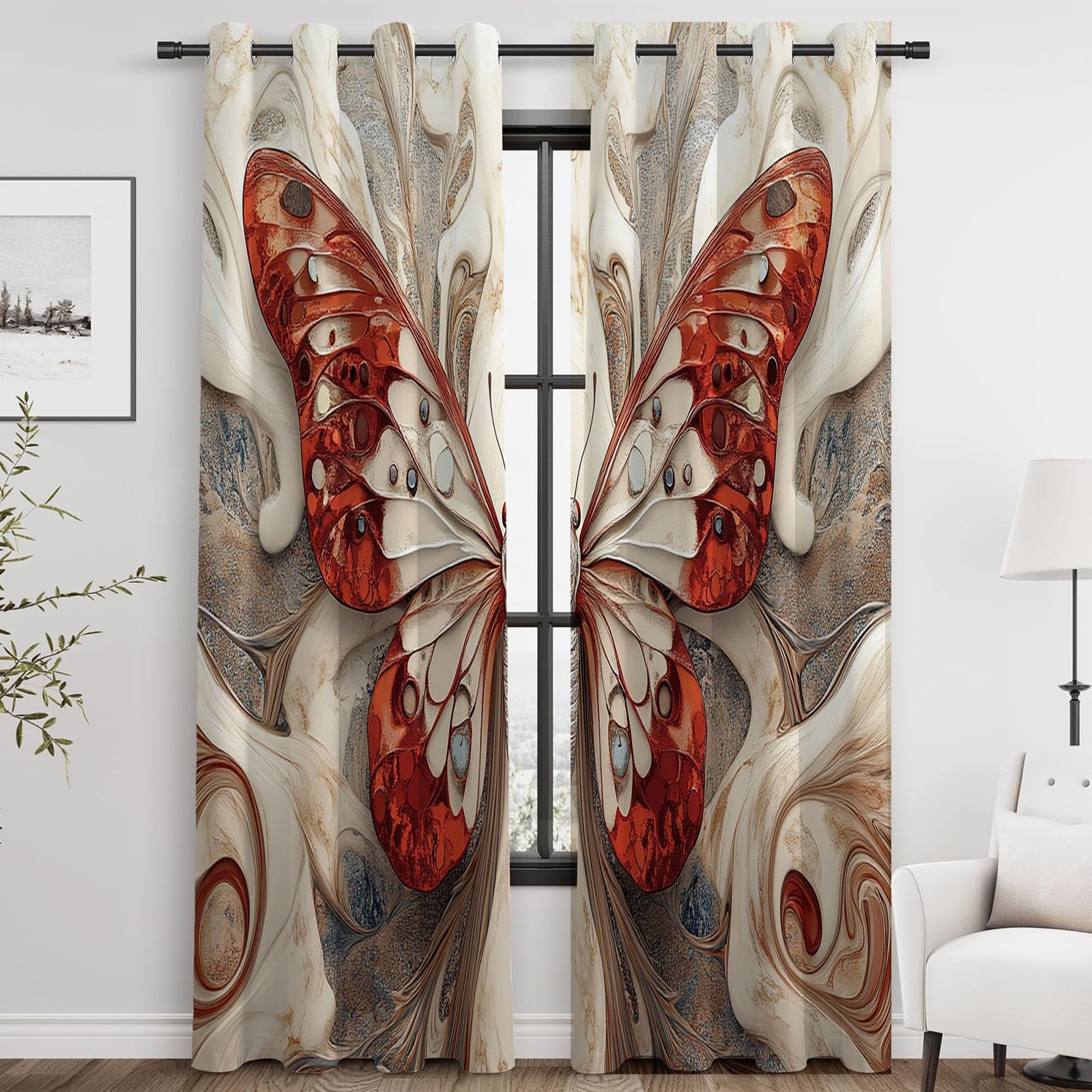 Vorhänge Blickdicht Abstrakt - Retro rote Schmetterlinge abstrakte Optik Abstrakt Modern Wohnzimmer Gardinen Vorhänge kurz Schlafzimmer Küchengardinen Decor-H180 x B100 cm (2er Pack)