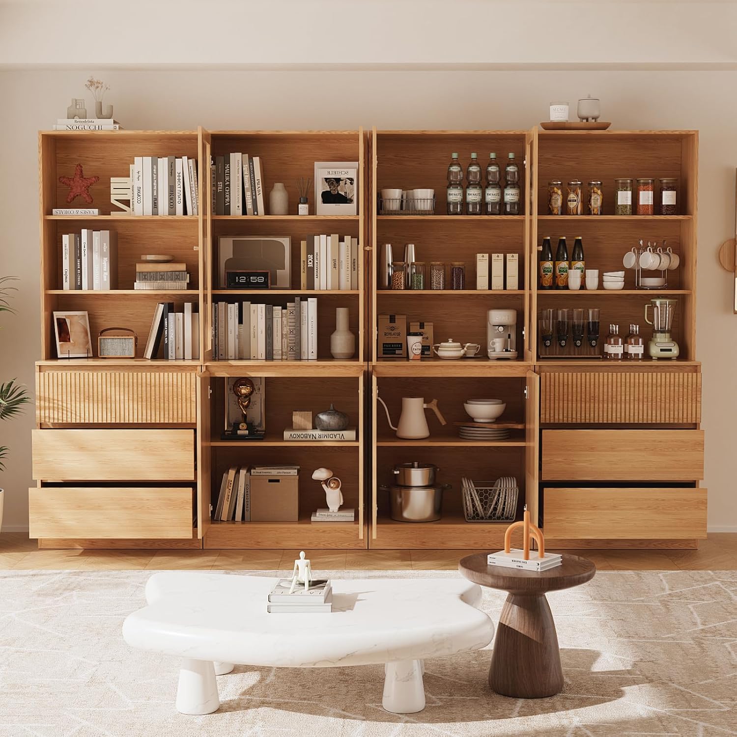 TUSY 71'' Freestanding Tall Storage Cabinet, 5 Tier Wood Bookcase with Drawers and Tempered Glass Doors, Large Floor Cabinet, Combination Storage Shelves for Living Room, Home Office (DCCD)