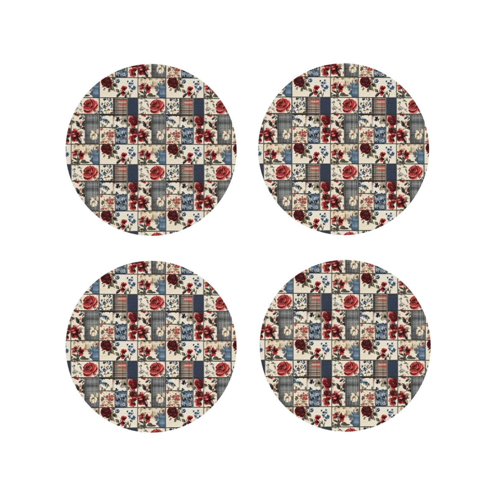 Smazdfxx Women's As Pic Leather Coasters Set Of 4 - Vintage Rose Plaid Print Lightweight Drink Coasters For Desk