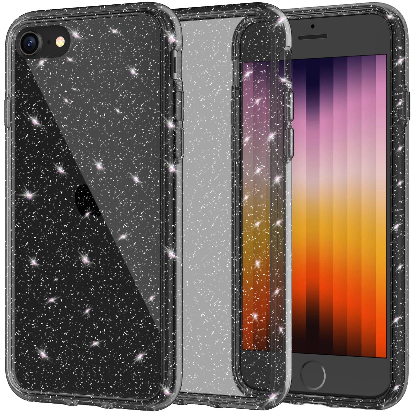 JETech Glitter Case for iPhone SE 3/2 (2022/2020 Edition), iPhone 8/7, 4.7-Inch, Bling Sparkle Shockproof Phone Bumper Cover, Cute Sparkly for Women and Girls (Black)