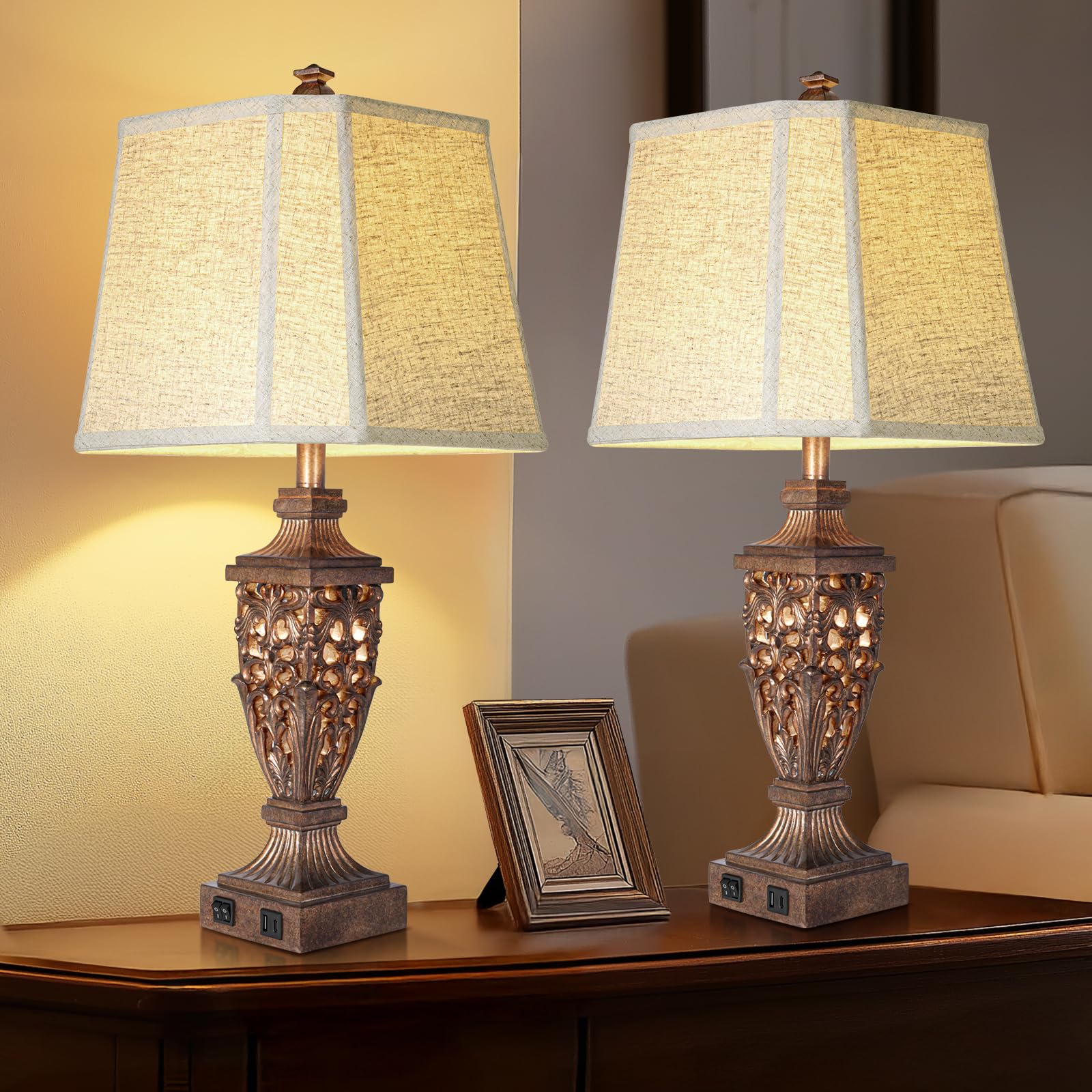 Scenekoy Set di 2 lampade da tavolo vintage in bronzo da 72,4 cm con luce notturna, lampada da comodino, paralume angolare in lino beige, porte USB per testiera, aria condizionata, camera da letto