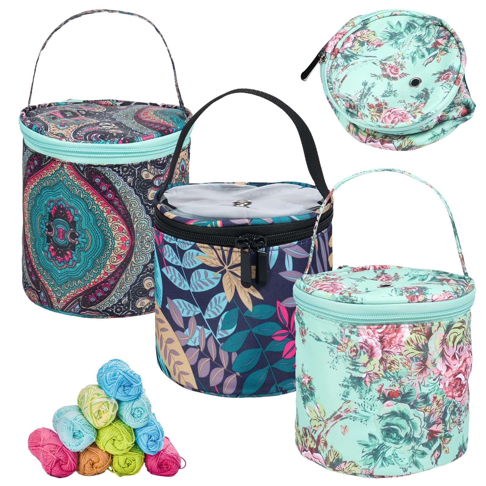 PTMTFYL 3 Pcs Crochet Bag Organizer, Yarn Bags for Crocheting, 600D Oxford Cloth Knitting Bag with Yarn Holes, Portable Yarn Holder Bag with Zipper for Store Skein Ball, Short Knitting Needle