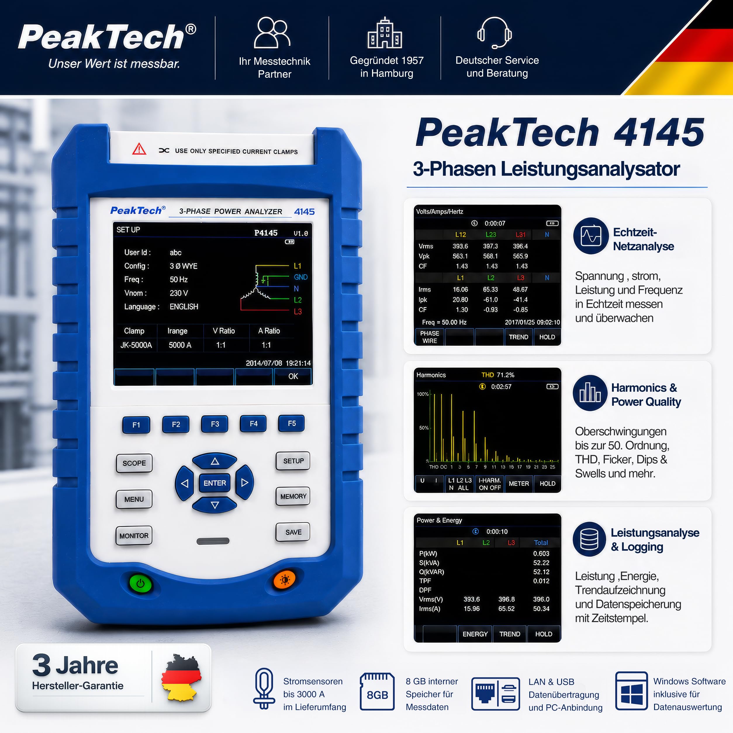 PeakTech P 4145 3-Phasen Leistungsanalysator Netzanalysator LAN USB TFT-Farbdisplay Datenlogger CAT III 1000 V