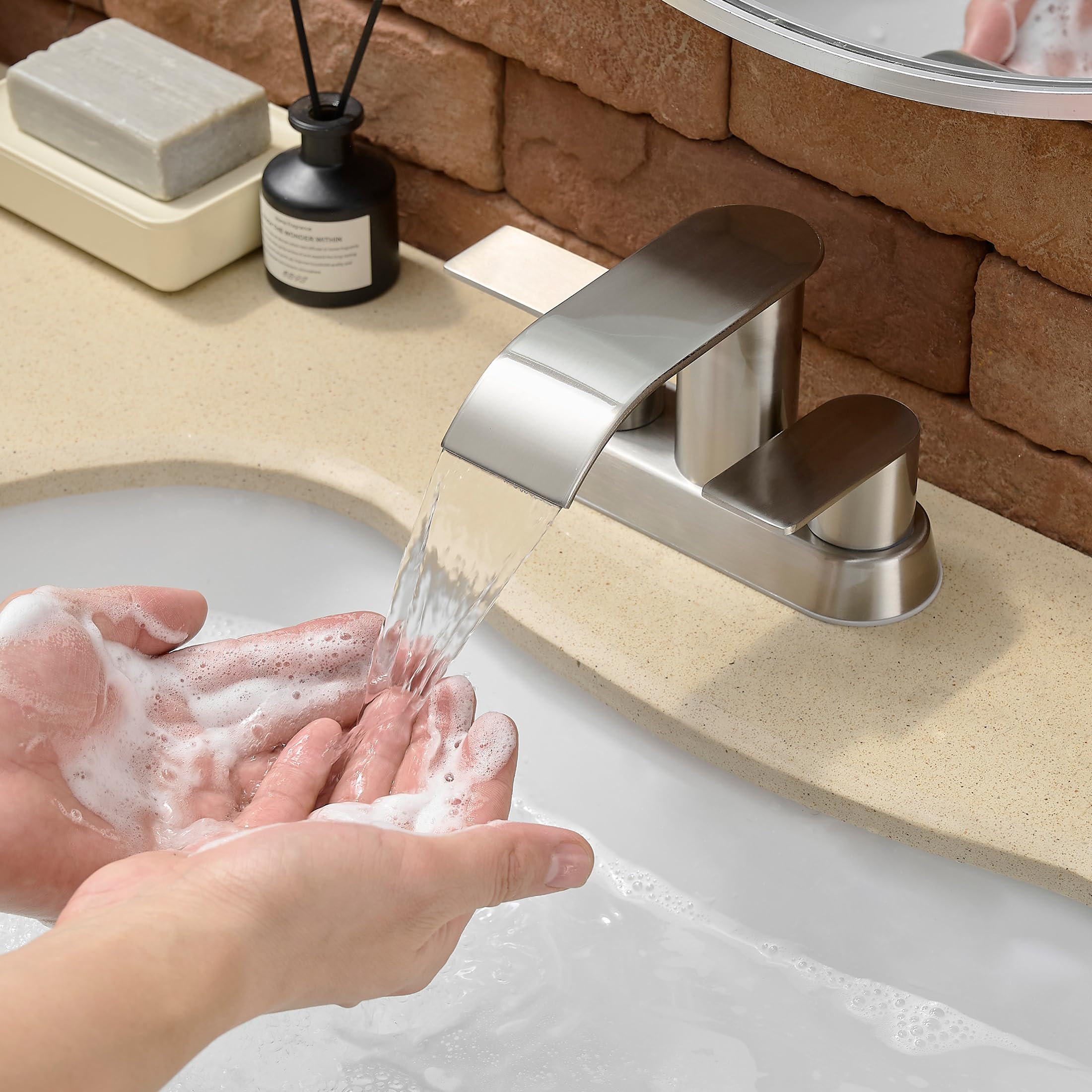 Waterfall Bathroom Sink Faucet 4 Inch Brushed Nickel Faucet Bathroom with Pop Up Drain 2 or 3 Holes — view 7