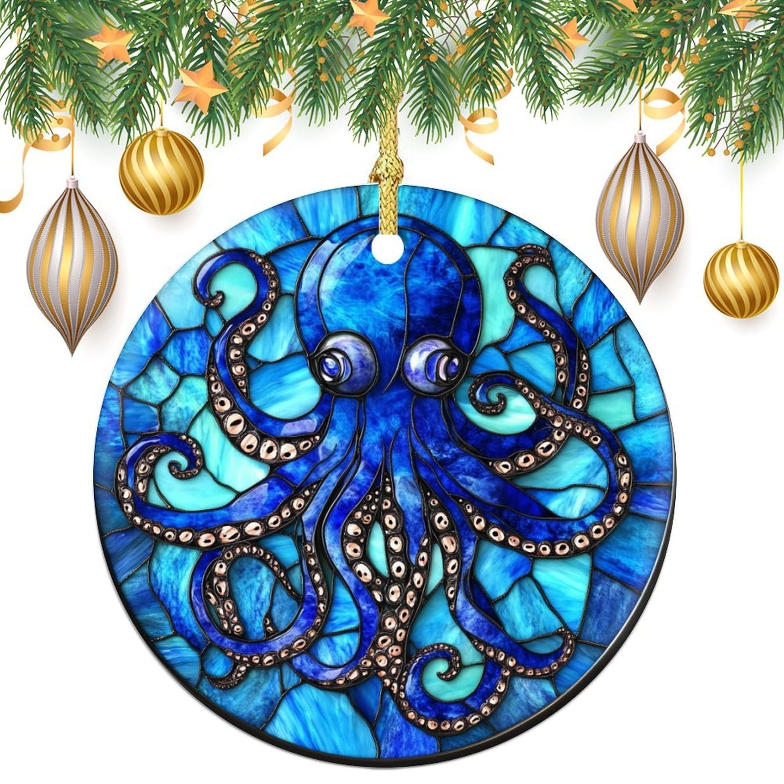 Stained Glass Blue Octopus Christmas Tree Hanging Ornaments,2 Pieces, 7.2CM Round Double-Sided