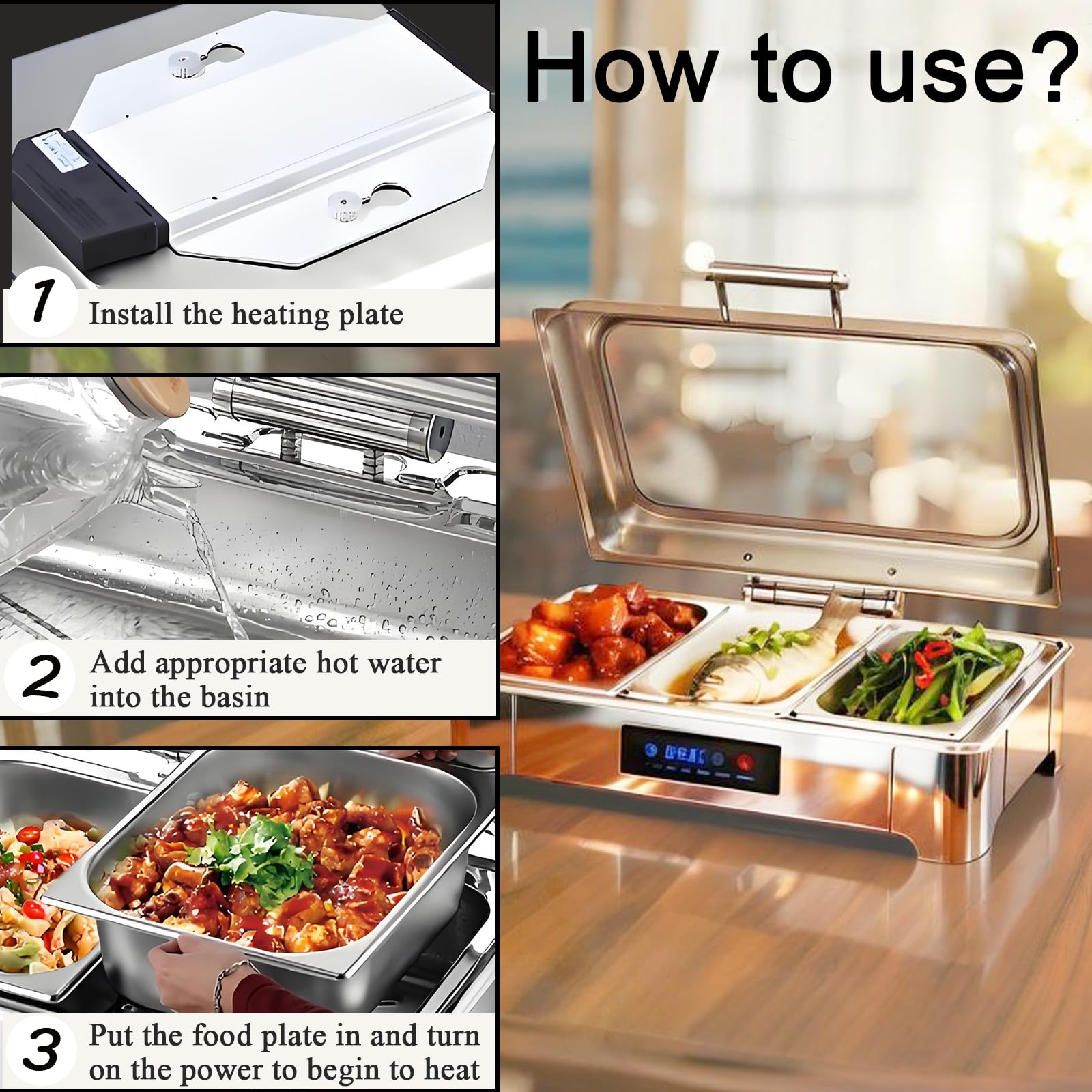 Chafing Dish Elettrico, 9L, 400W, Temperatura Regolabile(Full Pan) | Professionale Scaldavivande Elettrico per Buffet Acciaio Inox, Scaldavivande Catering Buffet con Coperchio Trasparente