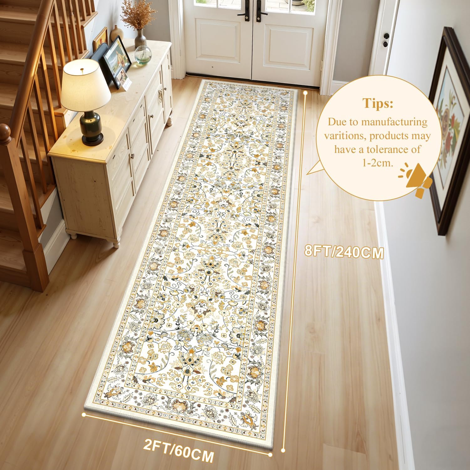LOKHOM Washable Runner Rug, 2x8 Non-Slip Vintage Hallway Runner Rug with Rubber Backing, Boho Floral Soft Faux Wool Kitchen Rug Carpet Runner for Laundry Entryway Bedroom (Rice Orange)