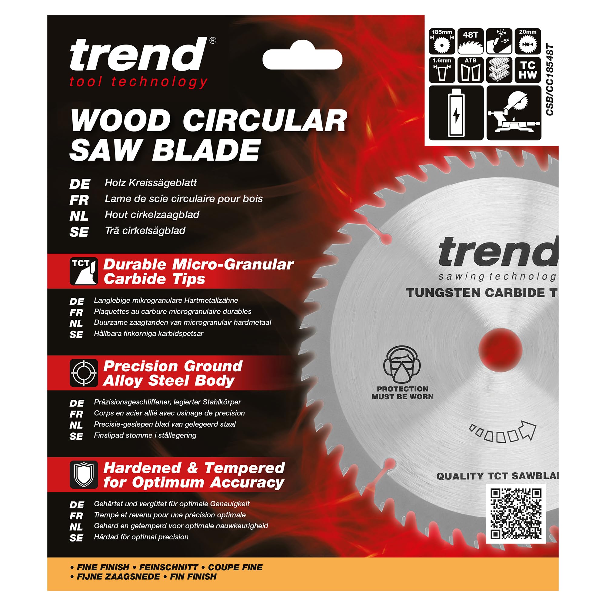 Trend Lame de scie à onglets sans fil Wood, diamètre 185 mm, alésage 20 mm, 48 dents, trait de scie 1,6 mm, crochet -5°, TCT, finition fine, CSB/CC18548T