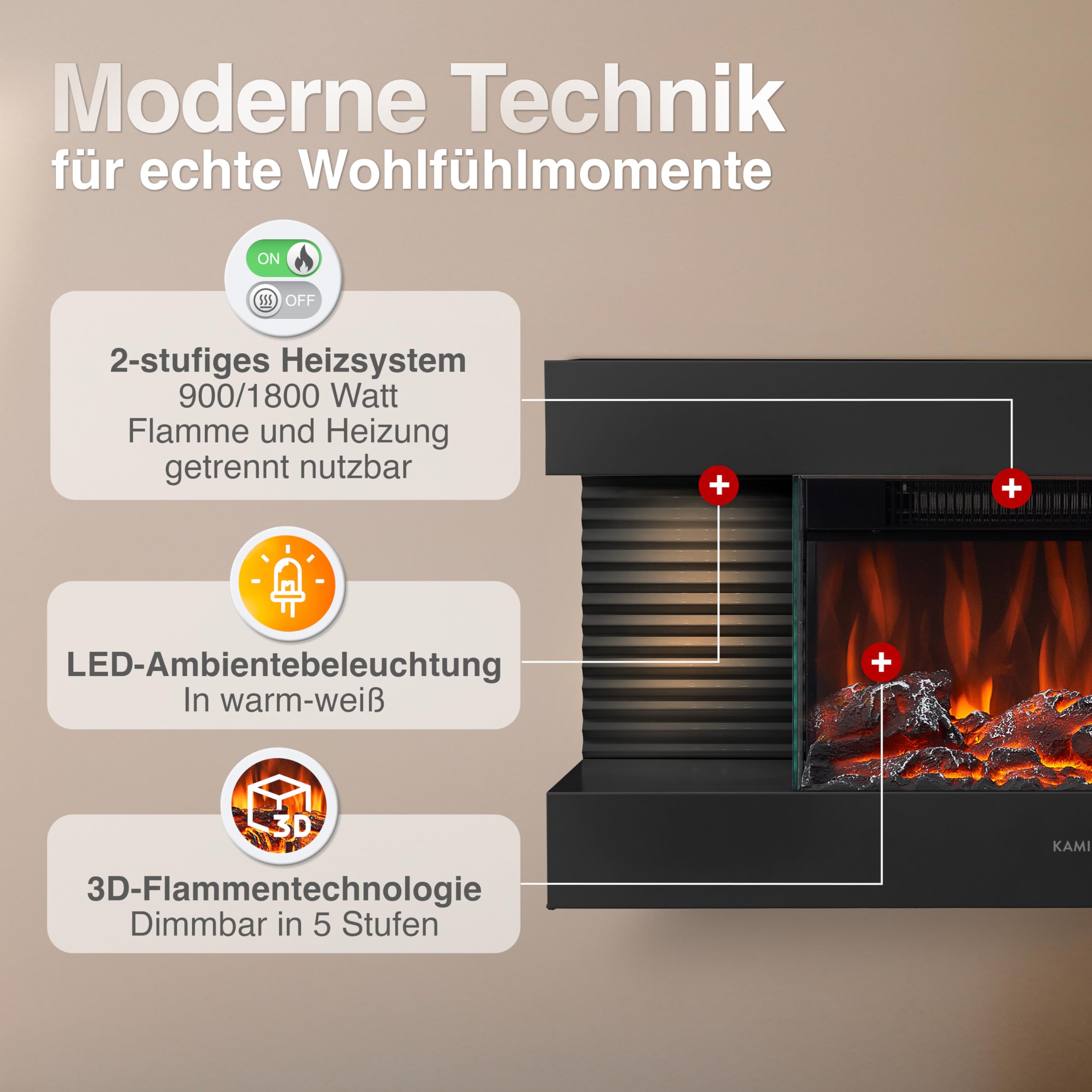 KAMINIO Elektrokamin Liz - Elektrischer Wandkamin mit Heizung, 3D-Flammeneffekt, LED-Ambientelicht, Fernbedienung (Schwarz)