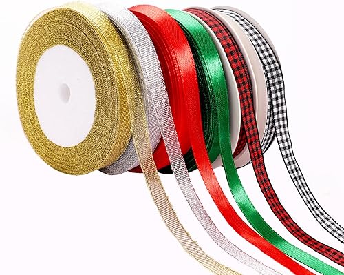 6 rollos de cinta de envoltura de Navidad de 150 yardas, tela con purpurina, cintas de satén a cuadros para envolver regalos, decoración de lazos