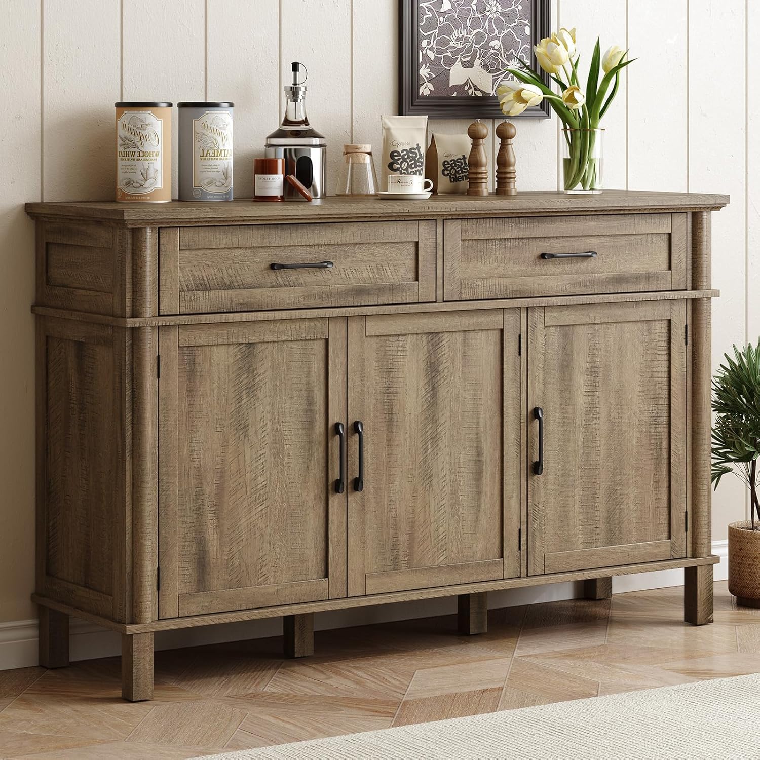 55 Inch Buffet Cabinet with Storage, Farmhouse Sideboard Buffet w/2 Drawers and 3 Doors, Coffee Bar Cabinet with Adjustable Shelves, Sideboard Storage for Kitchen |-image-31