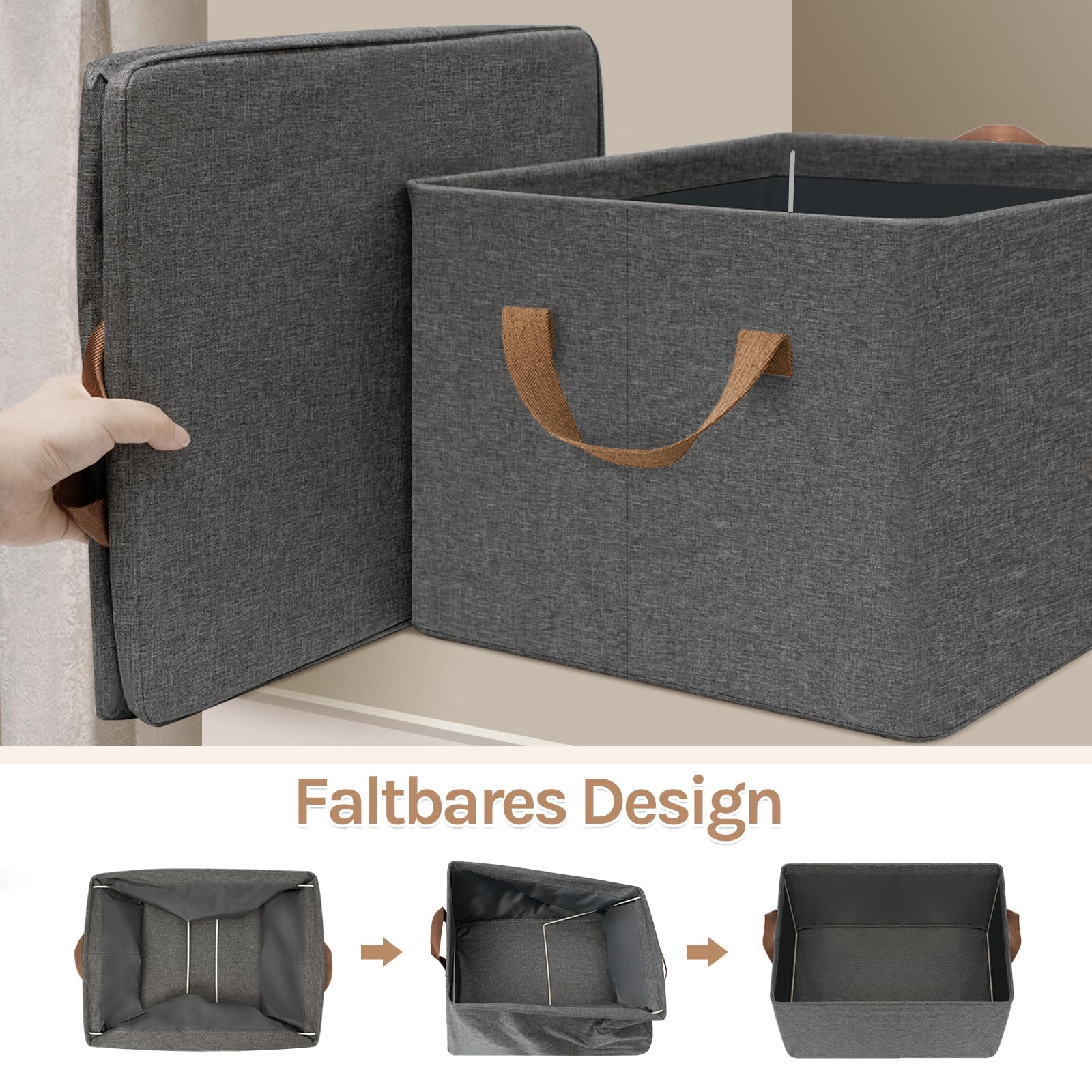 WOLTU Faltbare Aufbewahrungsboxen 10 Stück, mit Griffen, Grau, 47x28x20cm | aus Polyesterstoff, für Schlafzimmer, Arbeitszimmer, Wohnzimmer, für Kleidung Spielzeug, Organizer Box mit Griffen, faltbar,