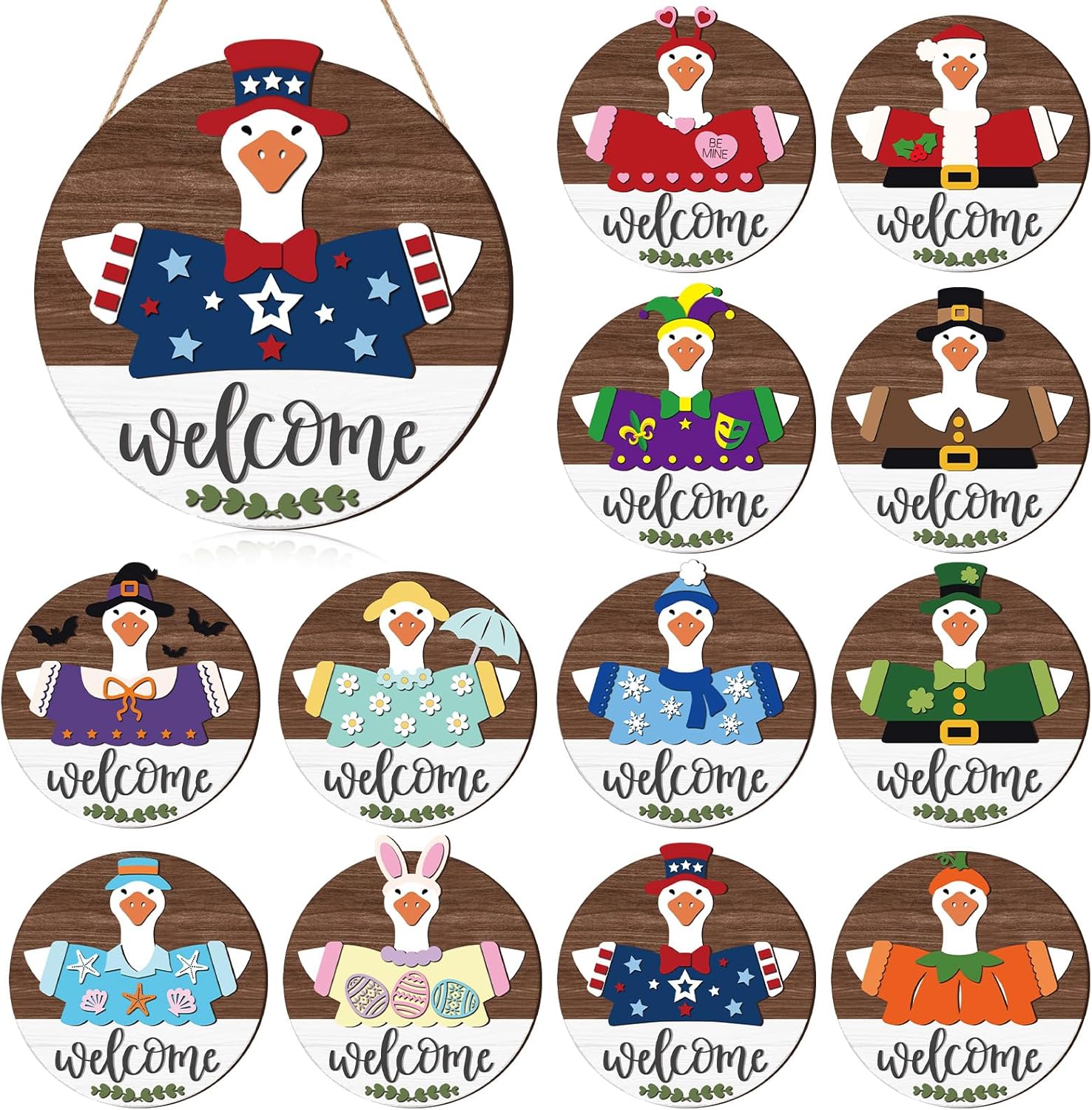 Weysat 13 Pcs Interchangeable Wooden Goose Decor, 11.8 Inch Holiday Seasonal Welcome Changeable Hello Geese Signs Rustic Farmhouse Front Door Round Wreaths Hanging Decorations for Porch Home Outdoor