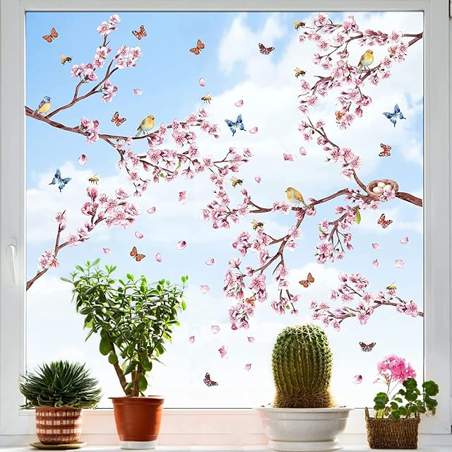 ANHUIB Tree Branch Wall Sticker,Cherry Blossom Flower Window Sticker for Bedroom,Pink Blossom Wall Sticker,Garden Bird Butterfly Wall Decal,Plant Peach Tree Leaf Wall Art for Living Room TV Wall Decor