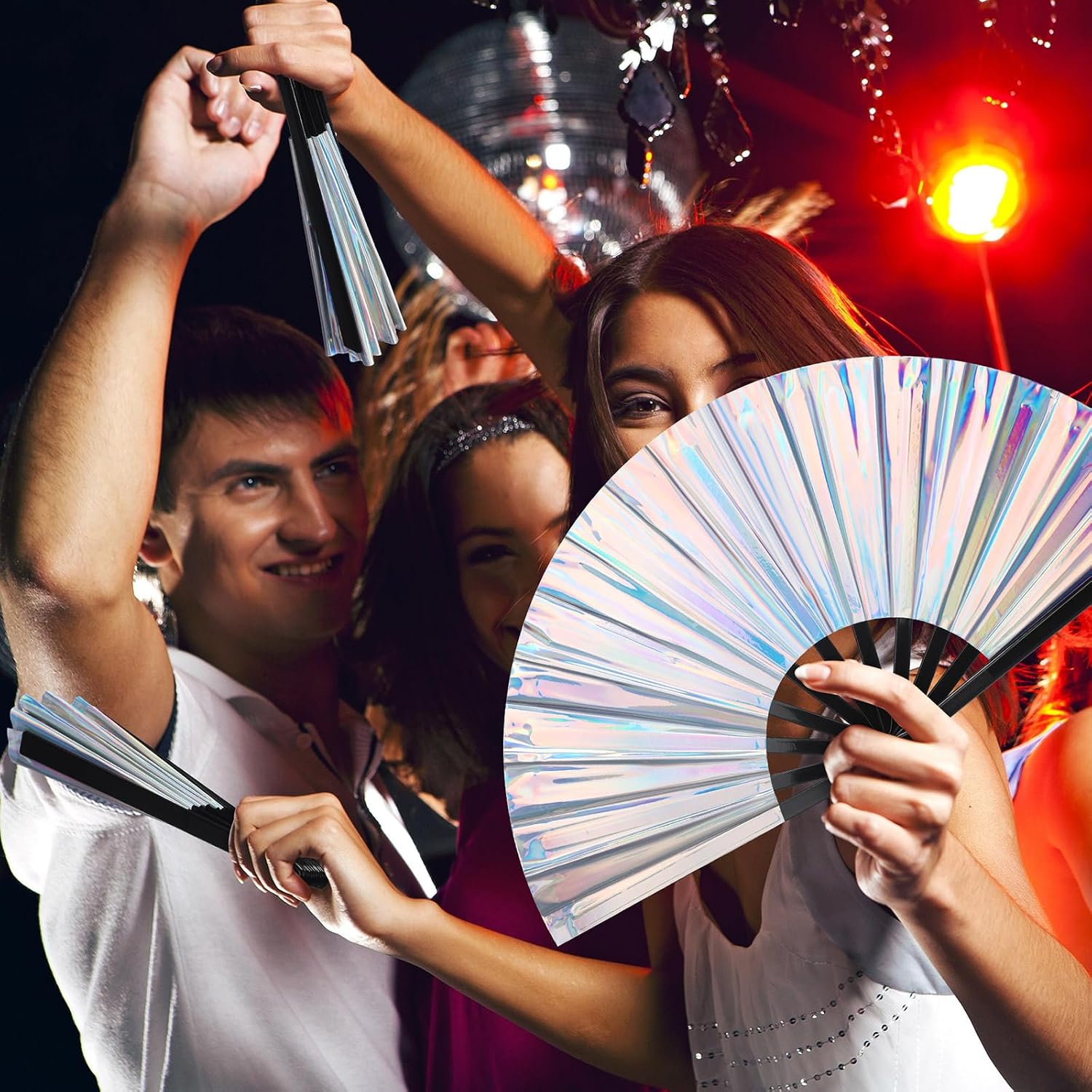Rave Fans, 6 Pack 13" Large Holographic Folding Hand Fans Women Rave Fan Clack Fan for Line Dancing, Music Festival, Party, Club(Silver)