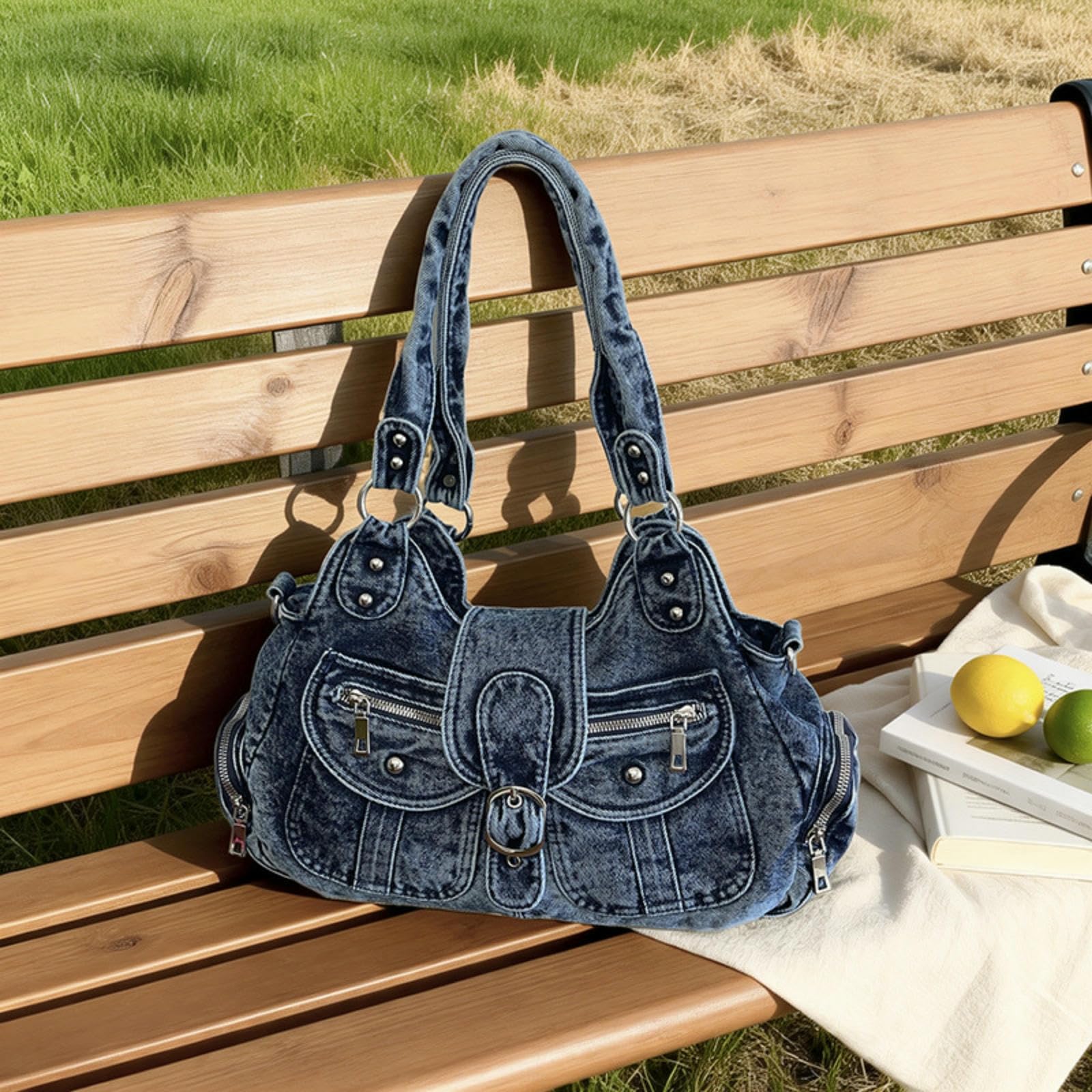 Umhängetasche Einkaufstasche, Damen-Design, Nische, Lässige Handtasche, Große Kapazität, Retro-Pendler-Denim-umhängetasche-schwarz