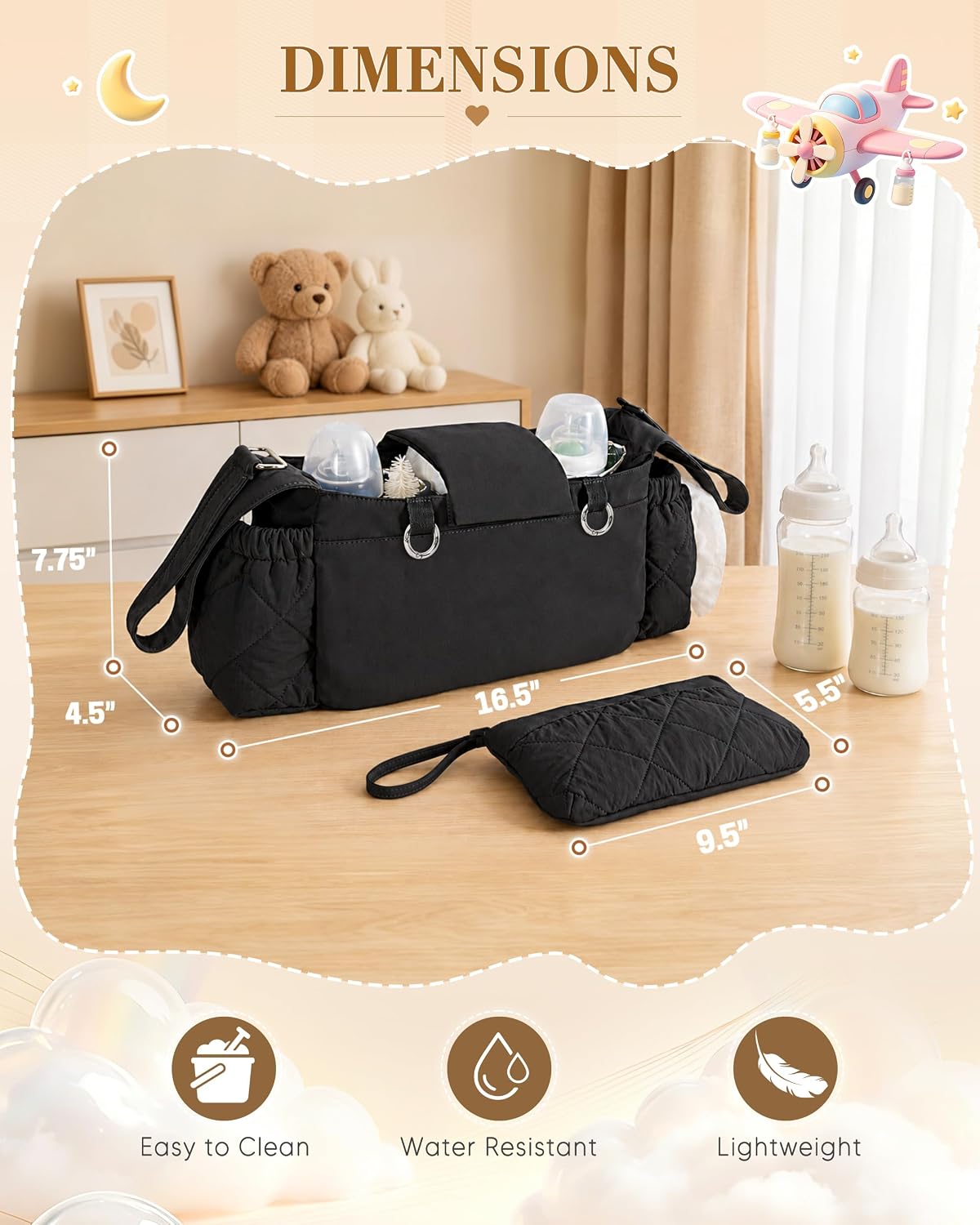 Marscamd Stroller Organizer with Dual Insulated Cup Holders, Black | 3 Carrying Options, with Detachable Wrist Pouch, Wipes Dispenser & Large Bottle Holder, Quilted Design