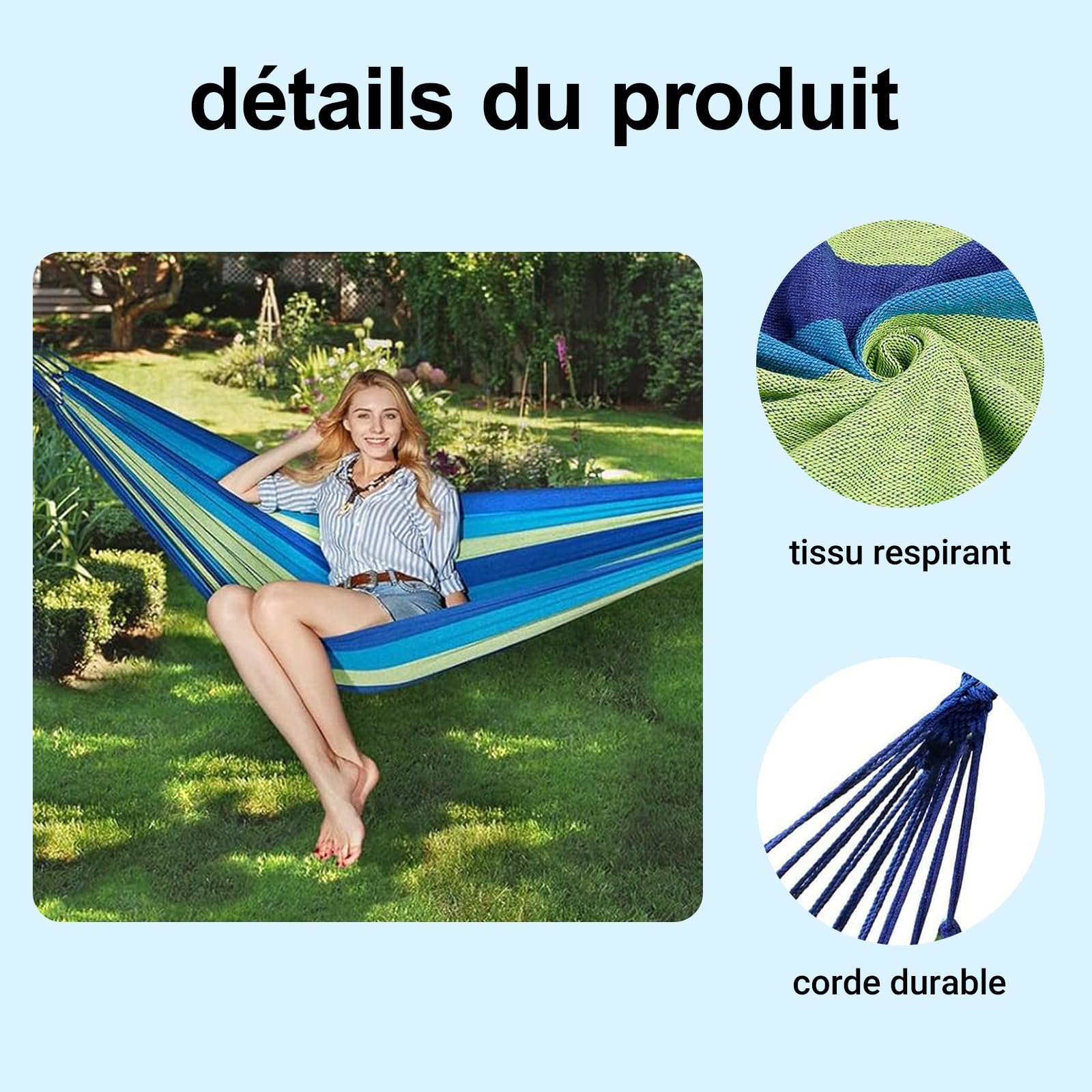 Hamac Exterieur en Toile 185x80 cm, léger et Pliable avec Sac de Transport, Parfait pour Camping, Jardin, Balcon, terrasse, Plage et Voyage