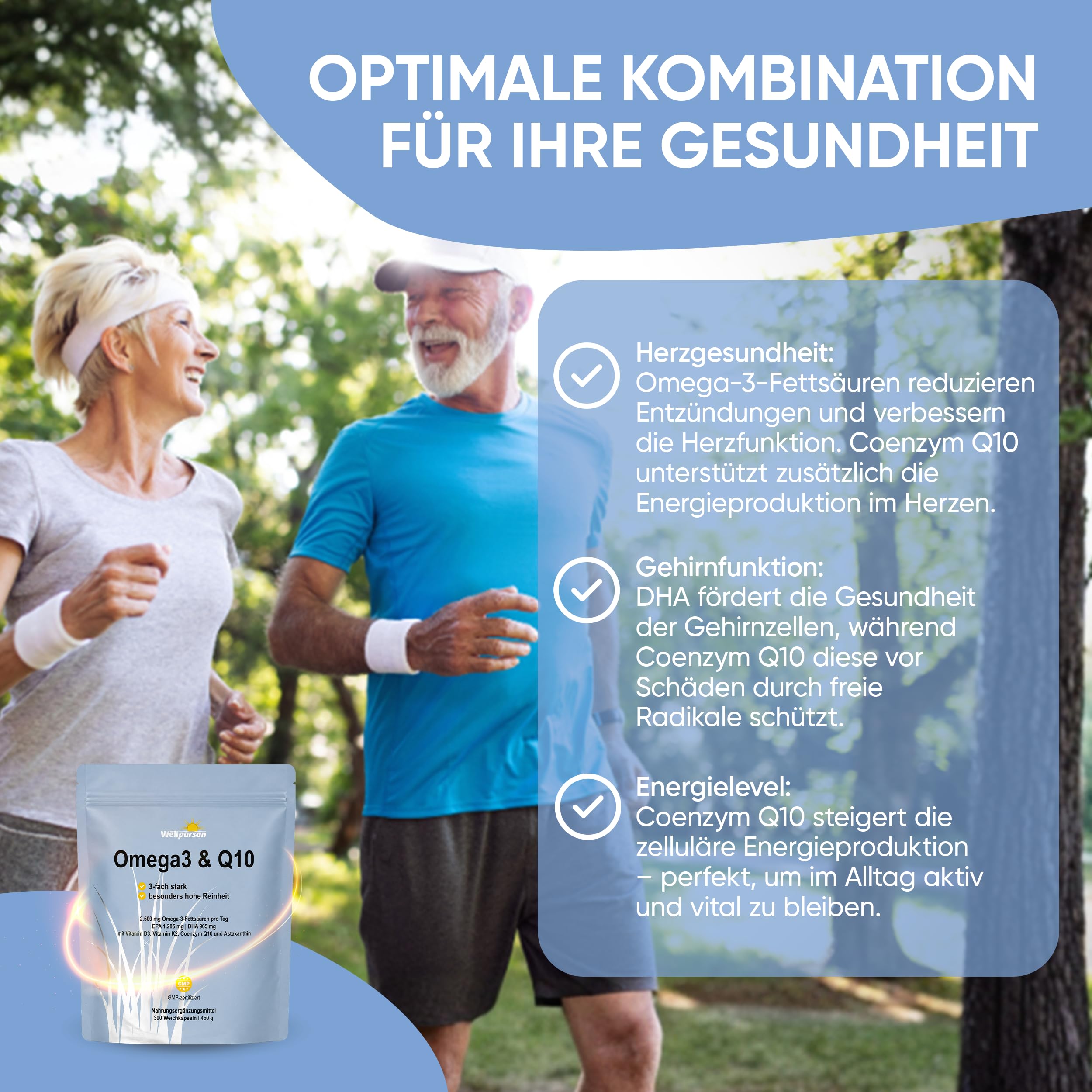 Wellpursan Omega Q10 Plus - 180 Kapseln premium Omega-3 Fettsäuren Kapseln mit 2100mg Fischöl pro Tagesdosis (davon 378mg EPA & 252mg DHA), zusätzlich angereichert mit Vitaminen