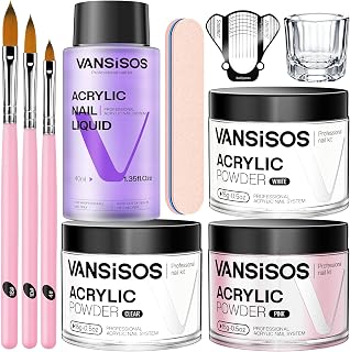 VANSISOS Acrylic Nail Kit for Beginners: Clear White Pink Powder Liquid Set with Brushes for DIY Salon Nails