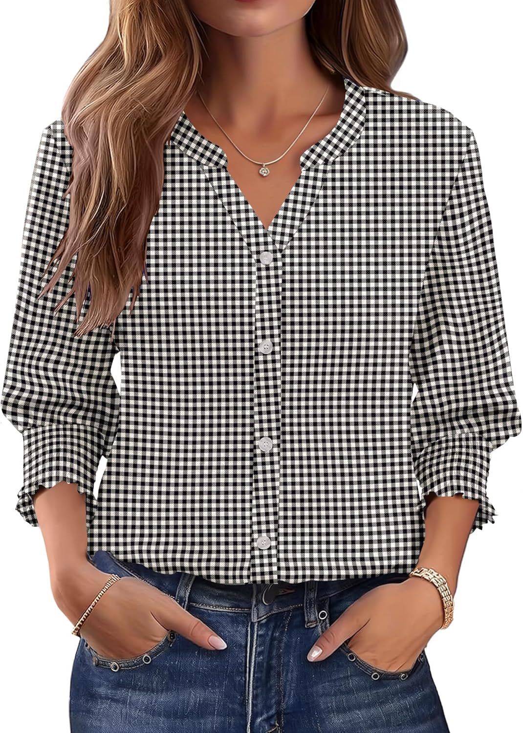 LOMON Button Down Shirts for Women 3/4 Length Sleeve Business Casual Blouses 2026 Summer Tops